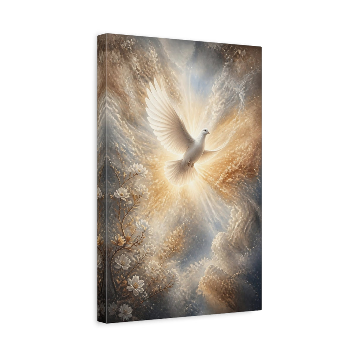 Side Mockup 4. Religious White Dove White Dove Spiritual shown as stretched canvas wall art