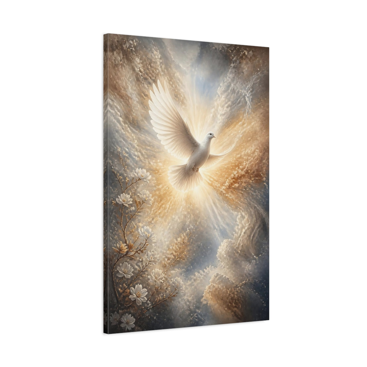 Main Mockup. Religious White Dove White Dove Spiritual shown as stretched canvas wall art