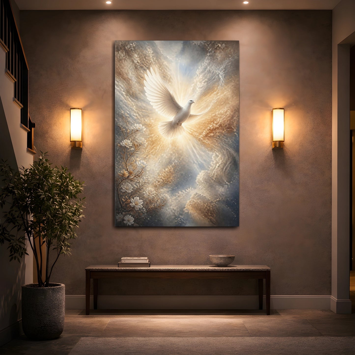 Mockup 2. Religious White Dove White Dove Spiritual shown as stretched canvas wall art