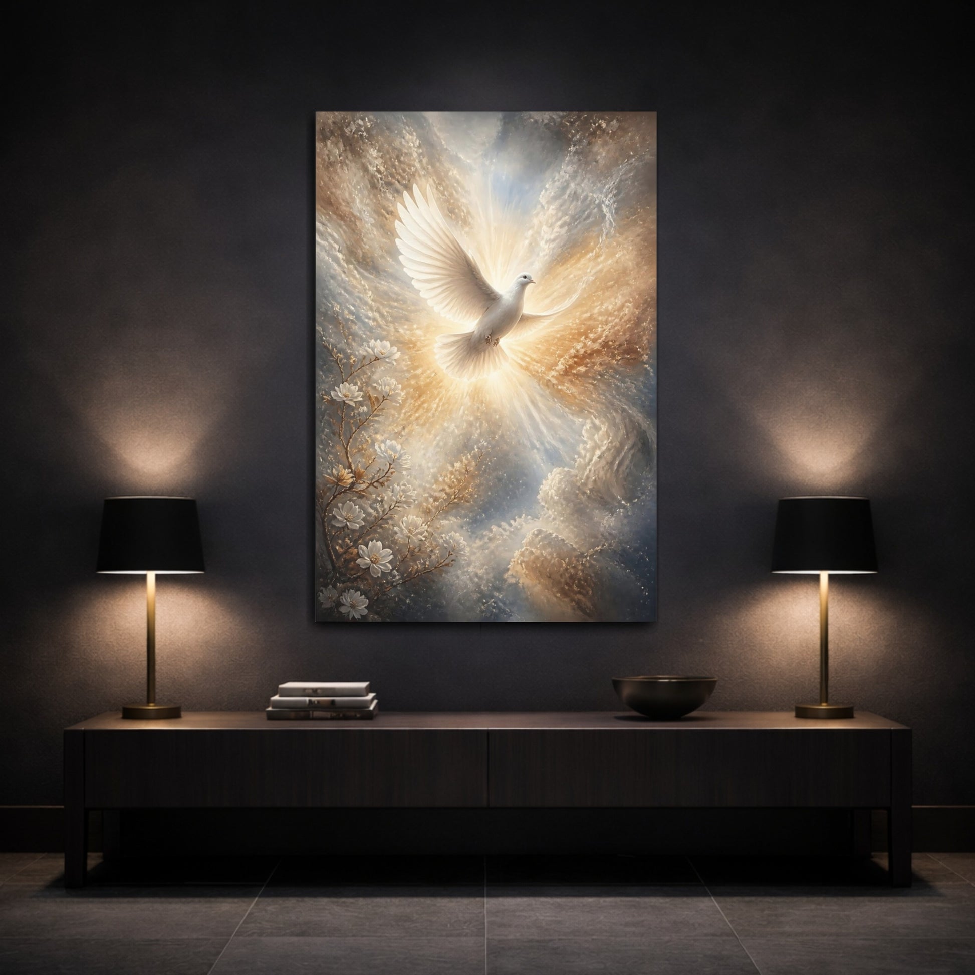 Mockup 3. Religious White Dove White Dove Spiritual shown as stretched canvas wall art