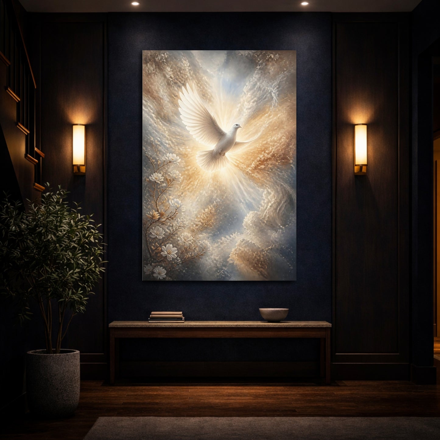 Mockup 4. Religious White Dove White Dove Spiritual shown as stretched canvas wall art