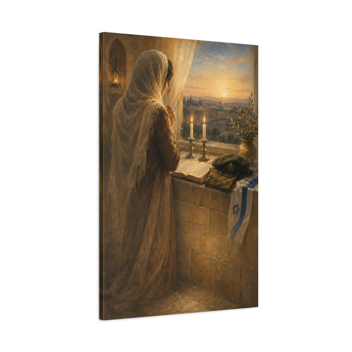 Main Mockup. Religious Woman Praying Golden Brown shown as canvas print