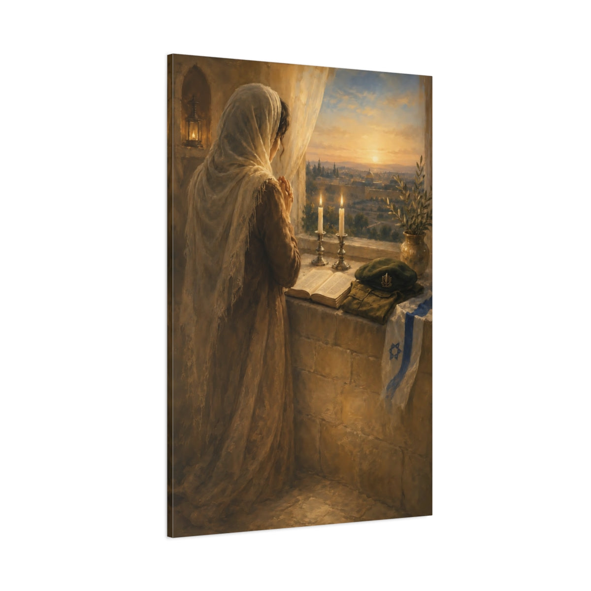 Side Mockup 1. Religious Woman Praying Golden Brown shown as canvas print