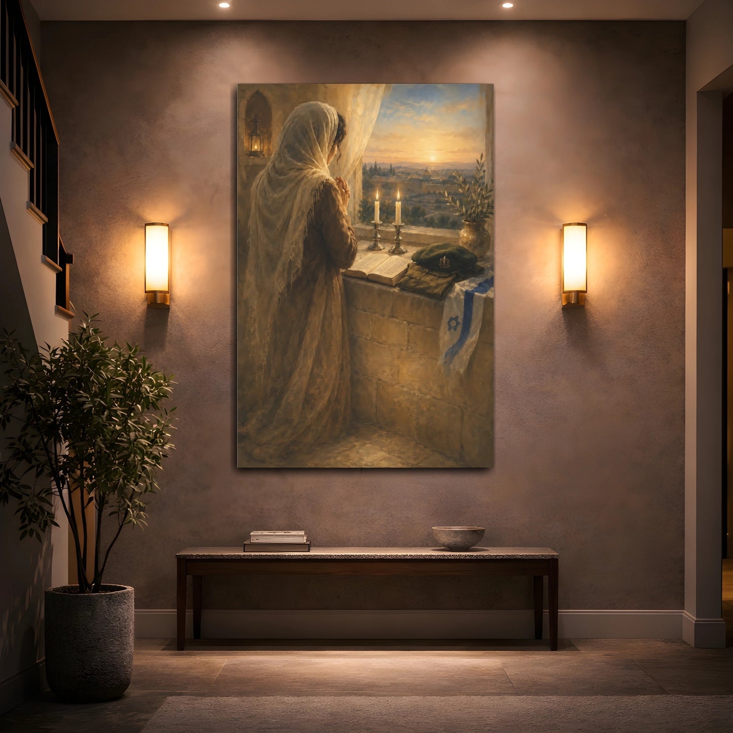 Mockup 2. Religious Woman Praying Golden Brown shown as canvas print