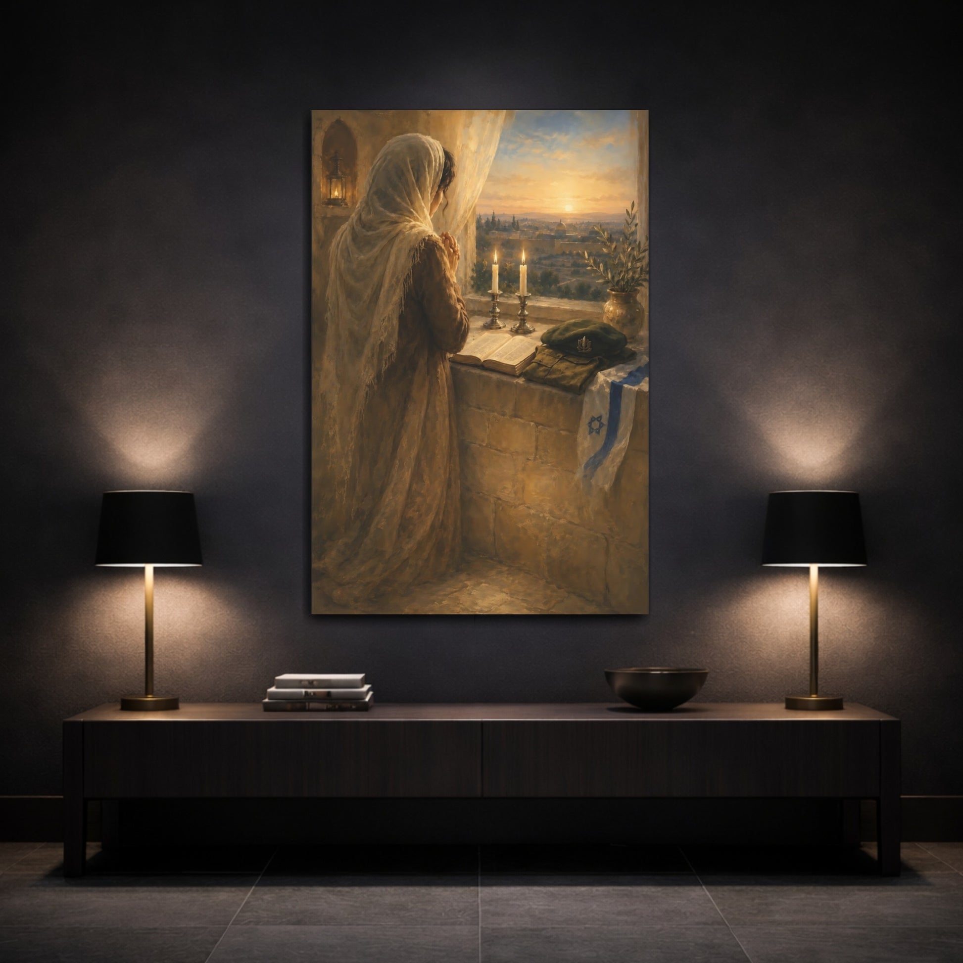 Mockup 3. Religious Woman Praying Golden Brown shown as canvas print