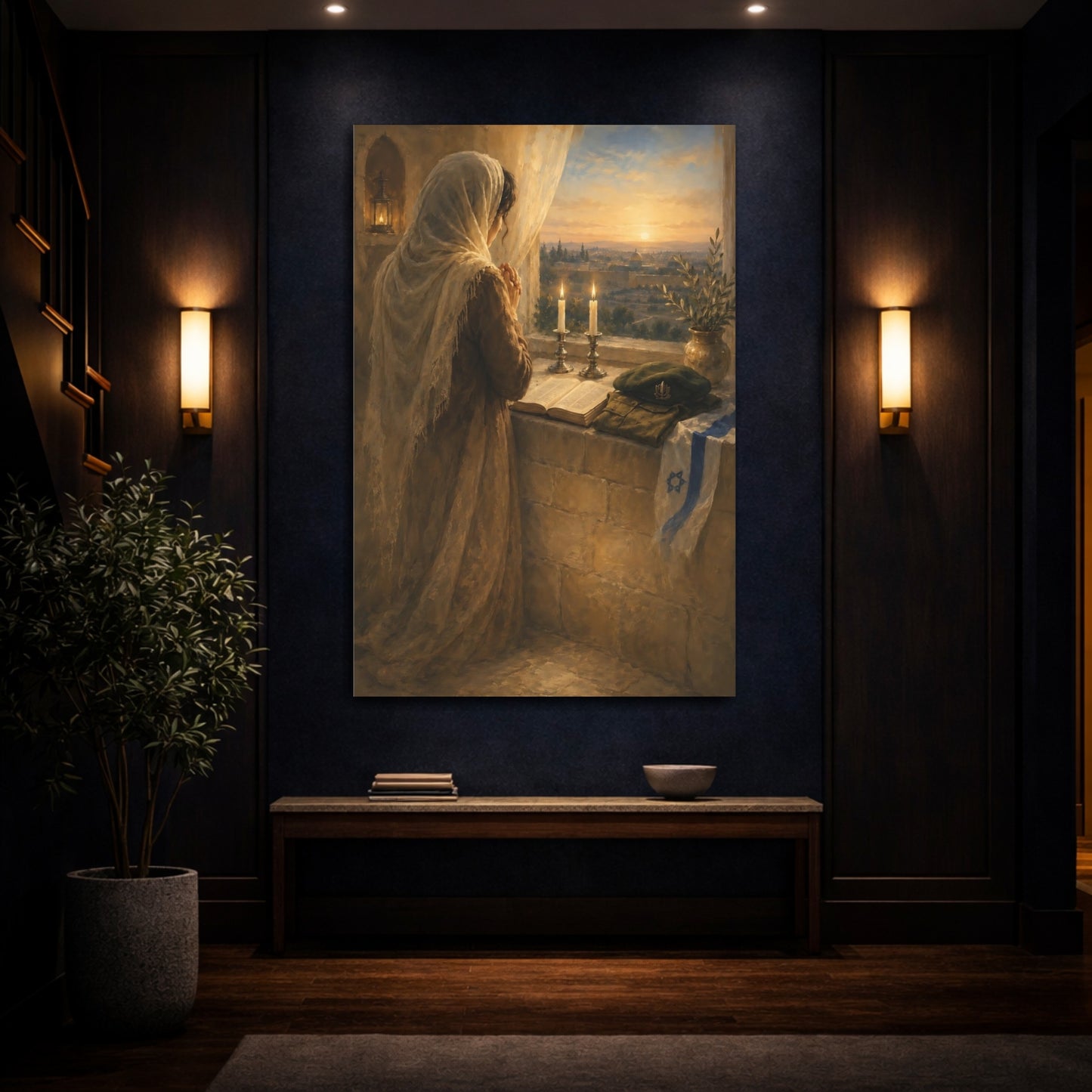 Mockup 4. Religious Woman Praying Golden Brown shown as canvas print