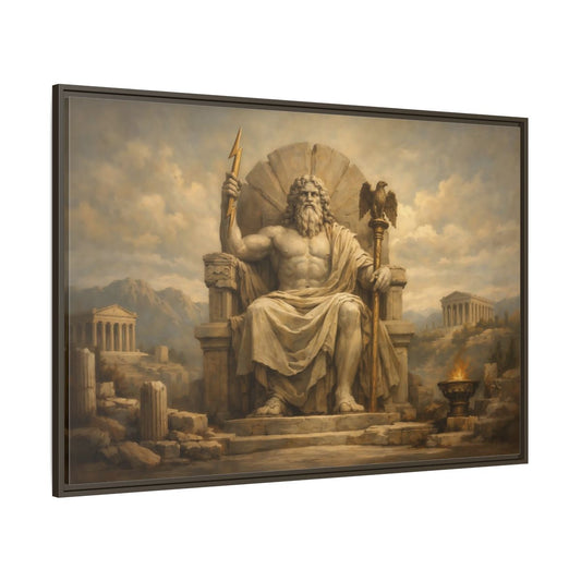 Main Mockup. Religious Zeus Brown And Gold shown as stretched canvas wall art