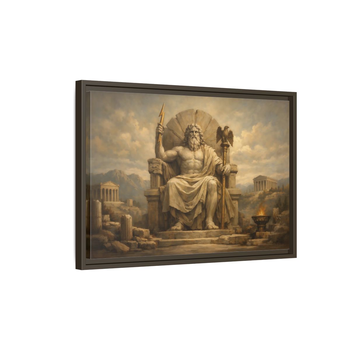 Side Mockup 2. Religious Zeus Brown And Gold shown as stretched canvas wall art