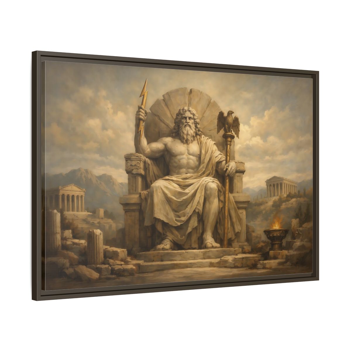 Side Mockup 9. Religious Zeus Brown And Gold shown as stretched canvas wall art