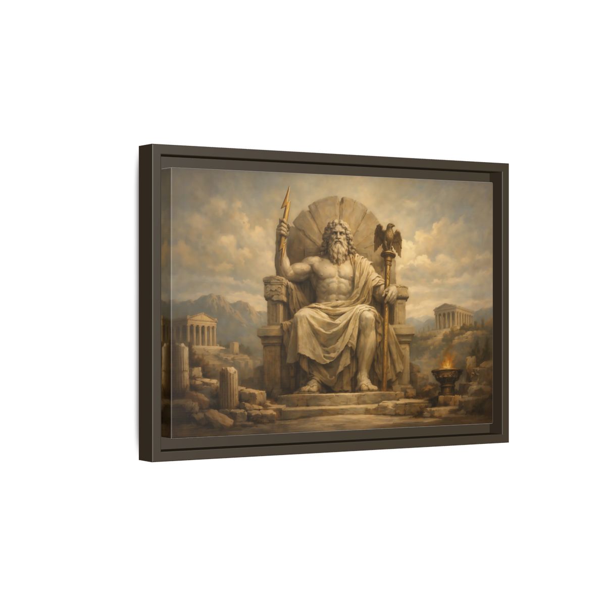 Side Mockup 5. Religious Zeus Brown And Gold shown as stretched canvas wall art
