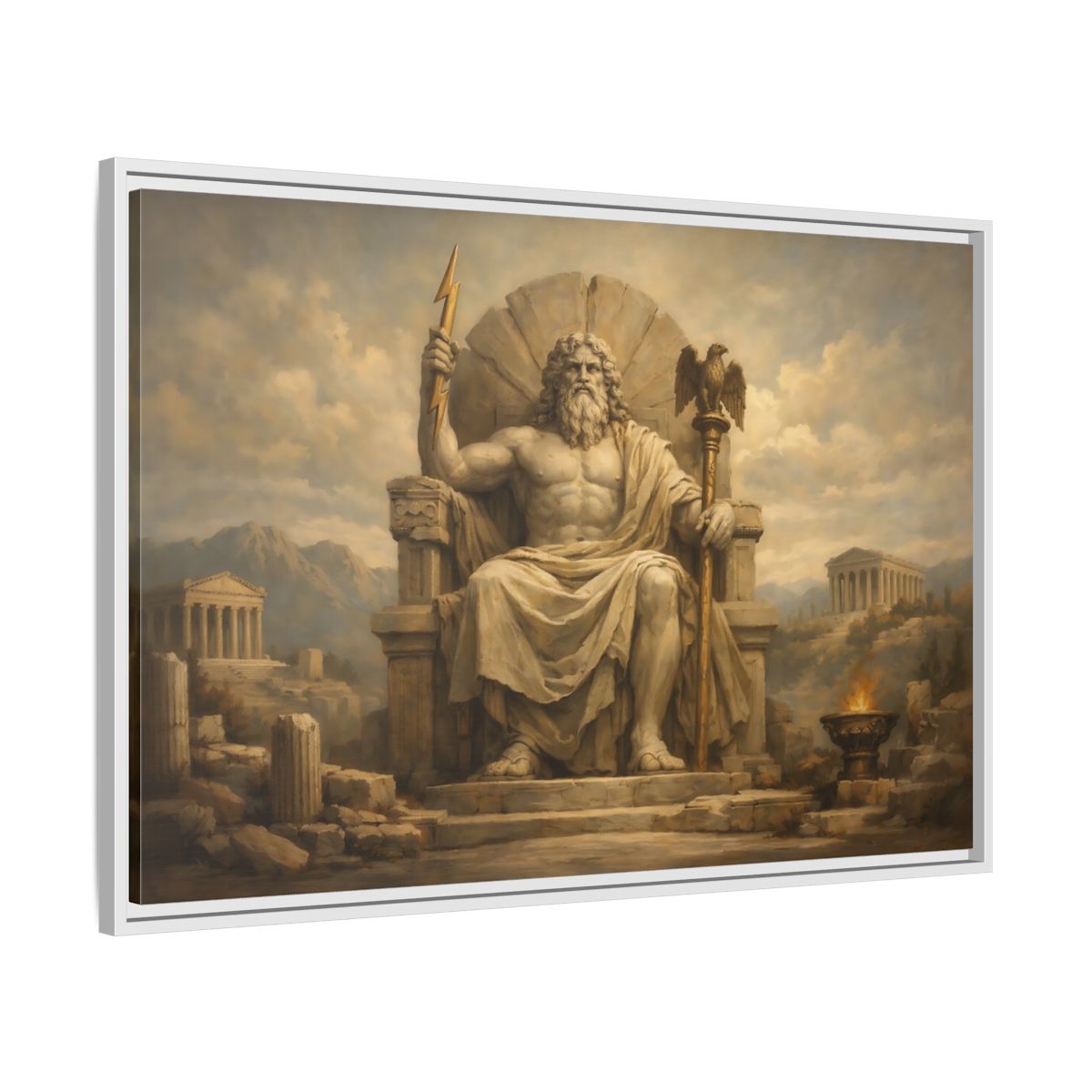 Side Mockup 8. Religious Zeus Brown And Gold shown as stretched canvas wall art