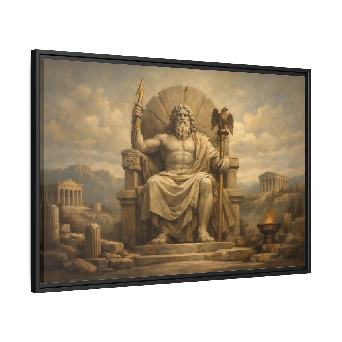 Side Mockup 13. Religious Zeus Brown And Gold shown as stretched canvas wall art