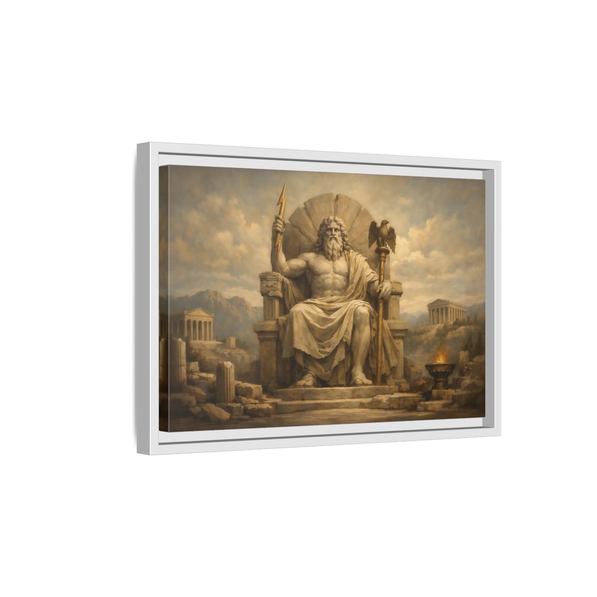 Side Mockup 4. Religious Zeus Brown And Gold shown as stretched canvas wall art
