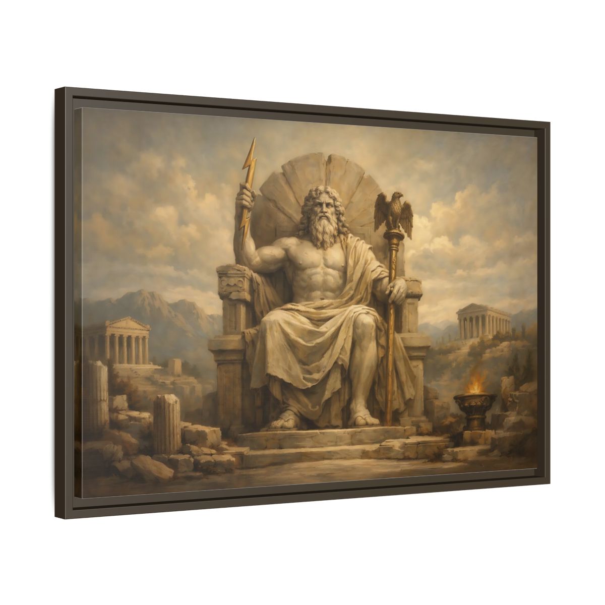 Side Mockup 11. Religious Zeus Brown And Gold shown as stretched canvas wall art