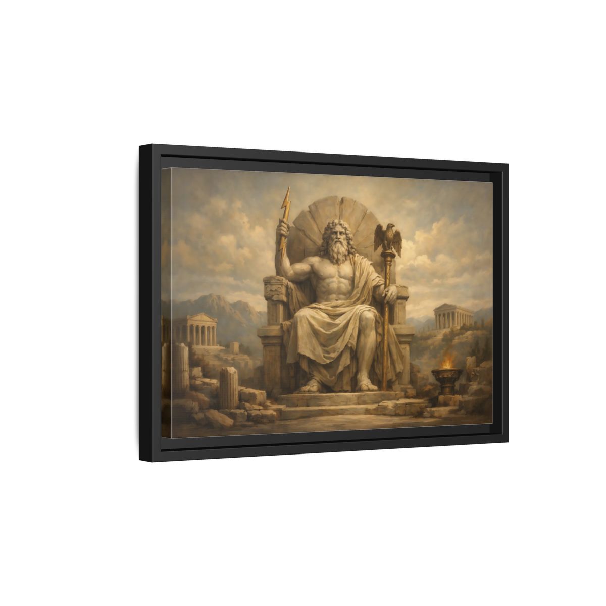 Side Mockup 6. Religious Zeus Brown And Gold shown as stretched canvas wall art