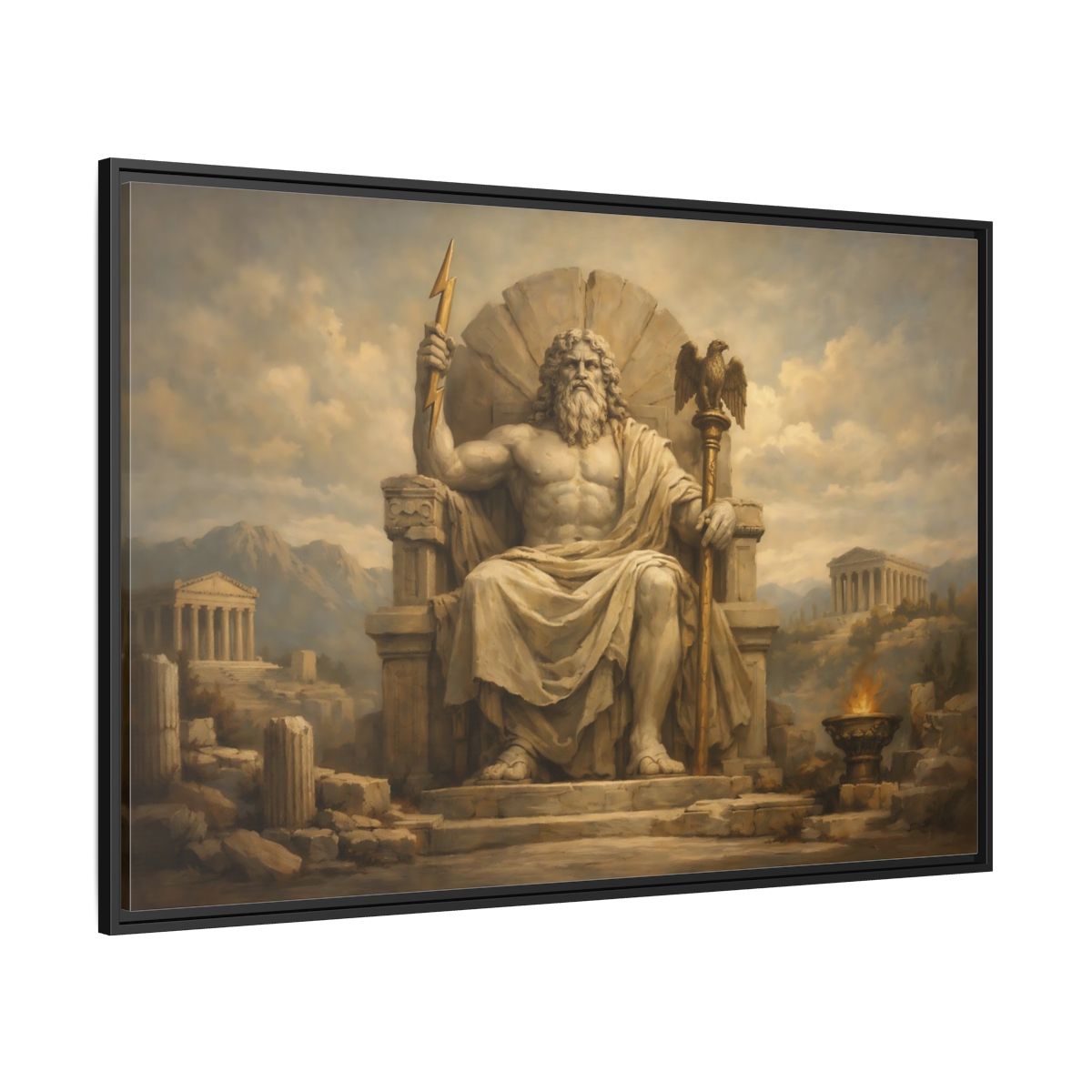 Side Mockup 12. Religious Zeus Brown And Gold shown as stretched canvas wall art