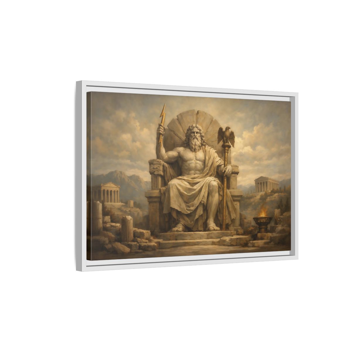 Side Mockup 1. Religious Zeus Brown And Gold shown as stretched canvas wall art