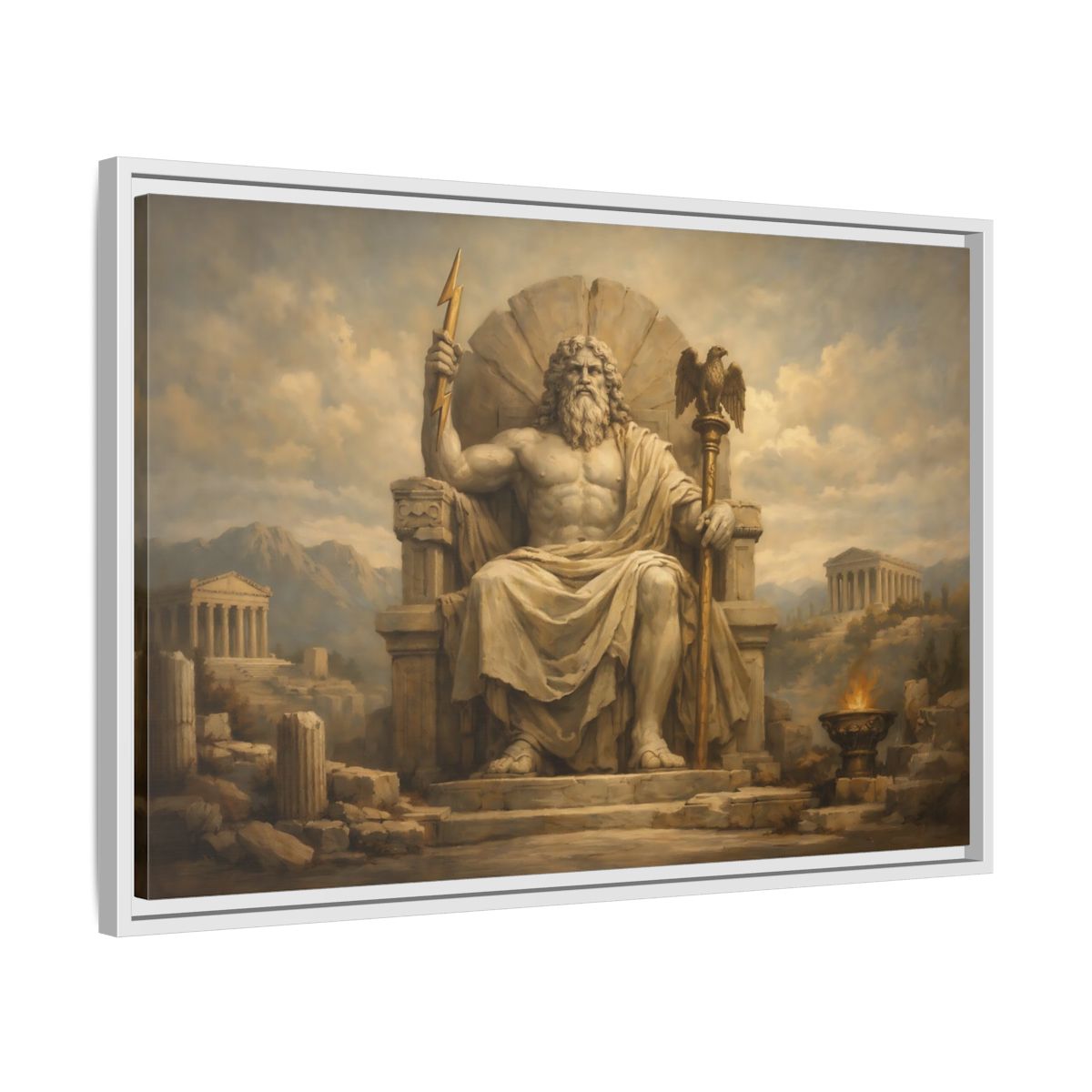 Side Mockup 10. Religious Zeus Brown And Gold shown as stretched canvas wall art