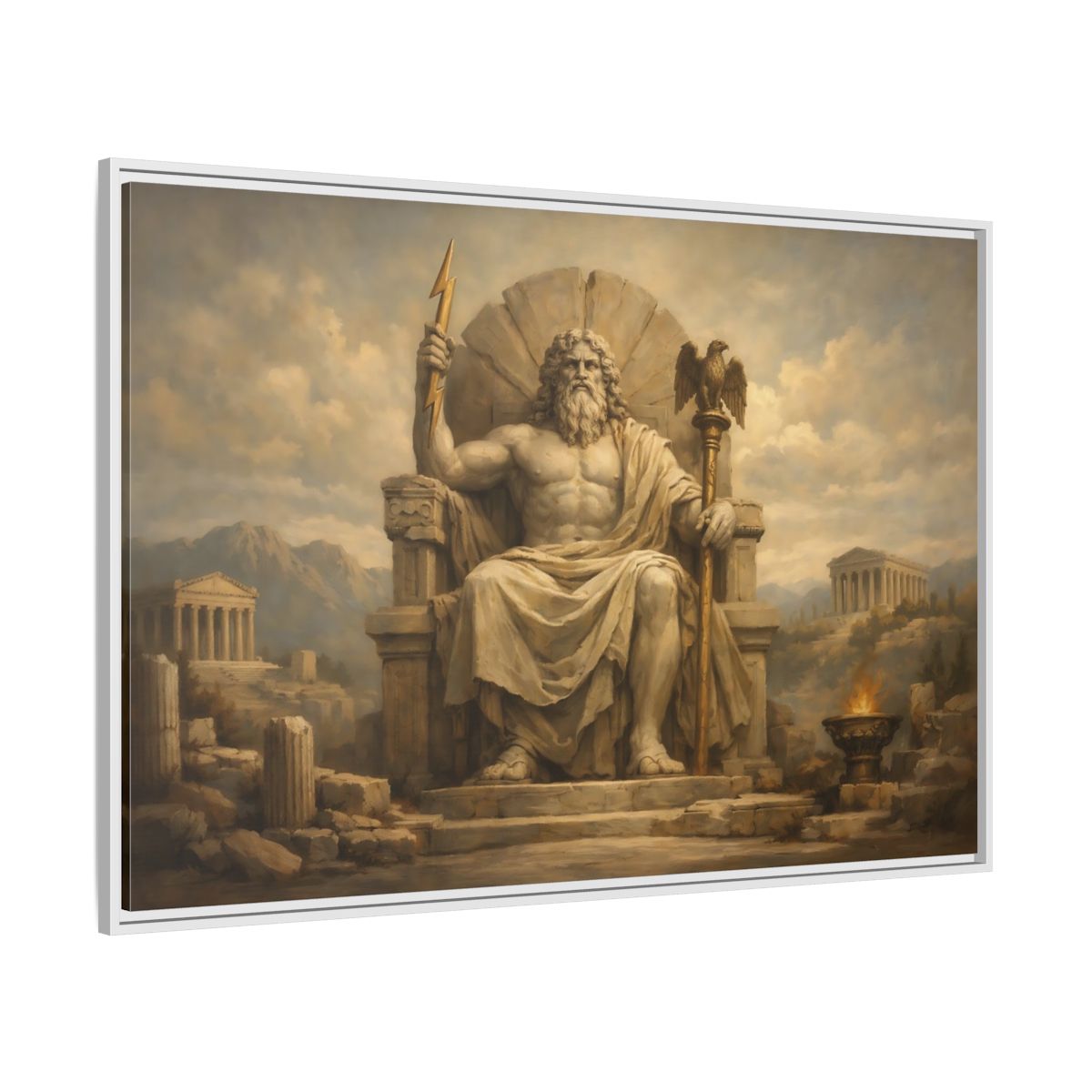 Side Mockup 7. Religious Zeus Brown And Gold shown as stretched canvas wall art