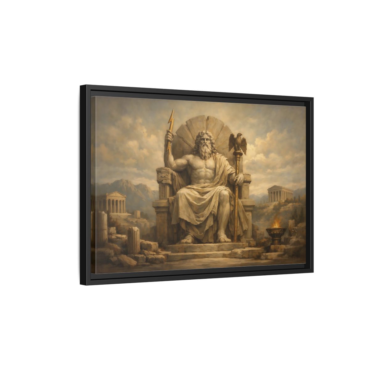 Side Mockup 3. Religious Zeus Brown And Gold shown as stretched canvas wall art
