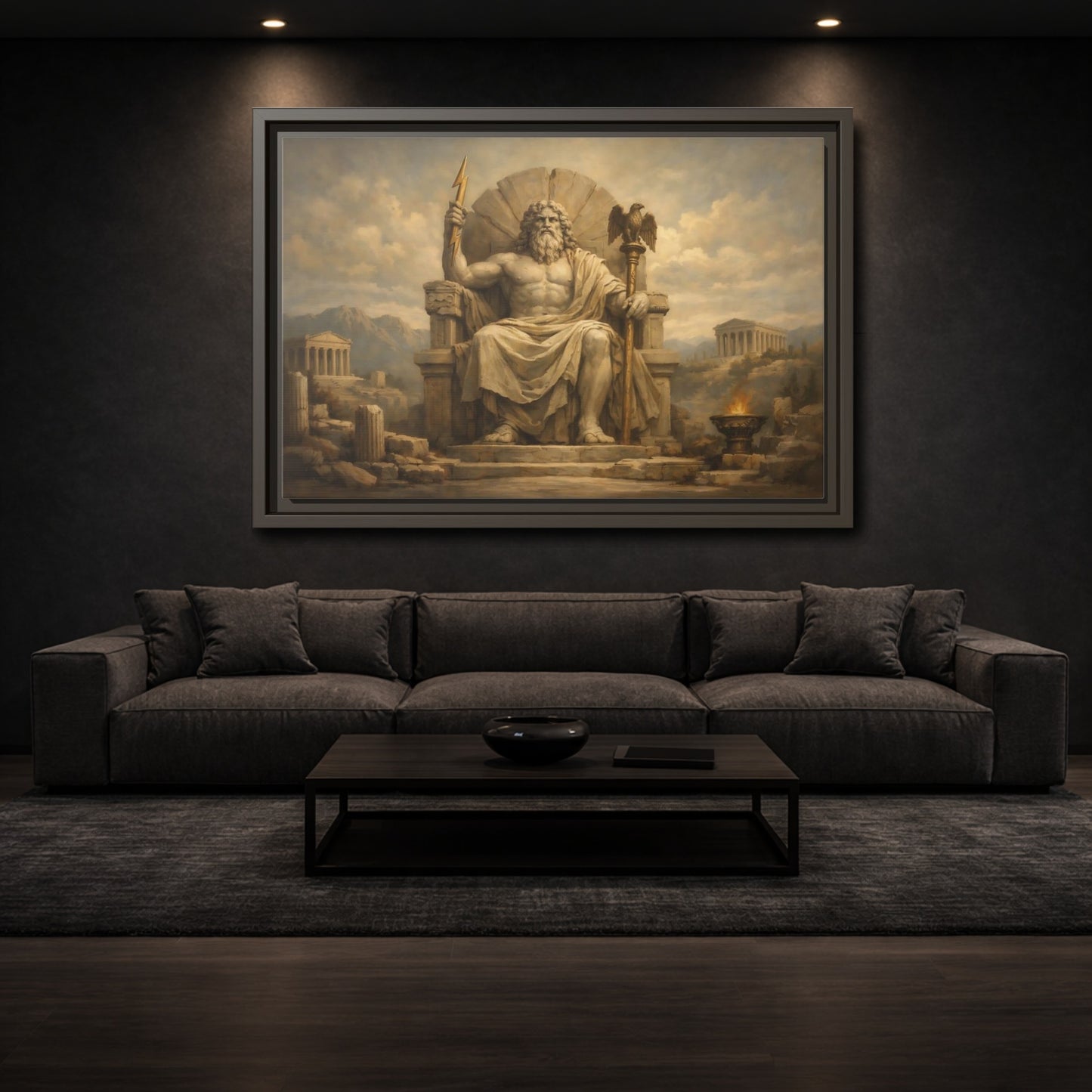 Mockup 2. Religious Zeus Brown And Gold shown as stretched canvas wall art
