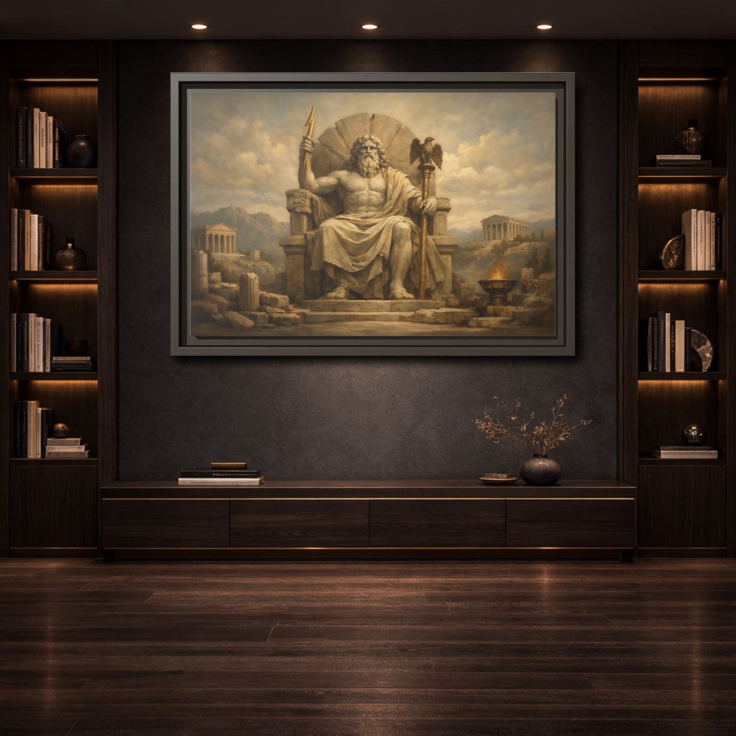 Mockup 3. Religious Zeus Brown And Gold shown as stretched canvas wall art
