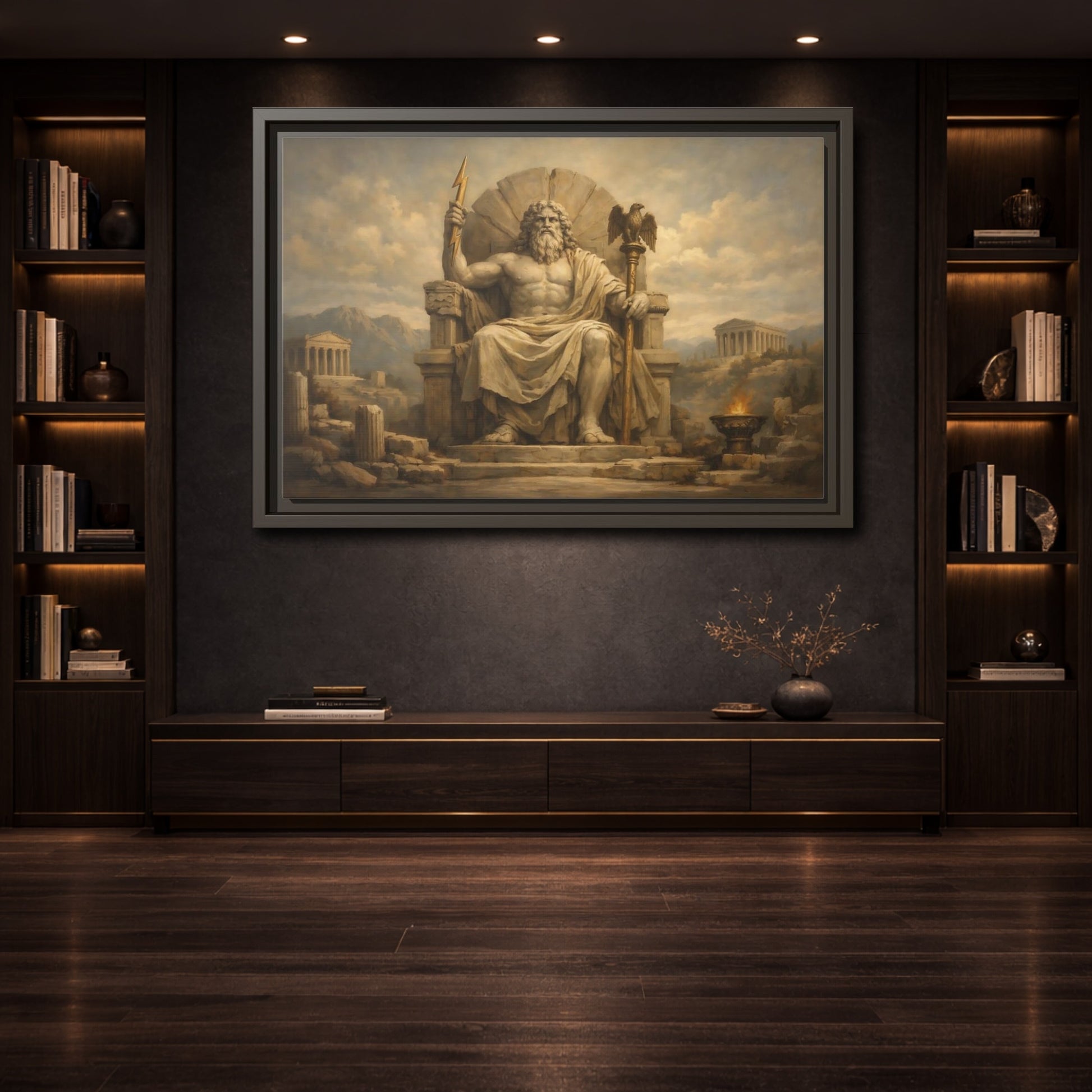 Mockup 3. Religious Zeus Brown And Gold shown as stretched canvas wall art