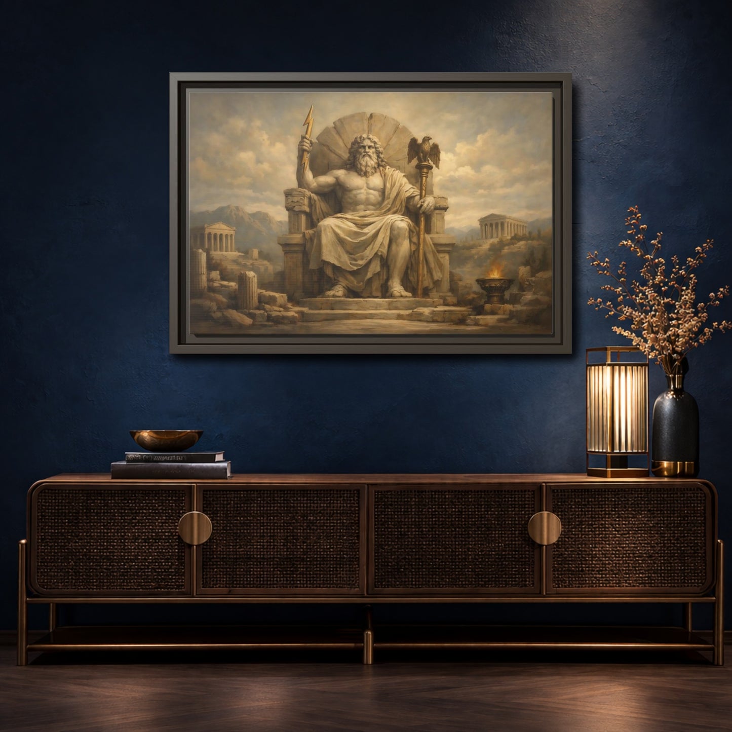Mockup 4. Religious Zeus Brown And Gold shown as stretched canvas wall art