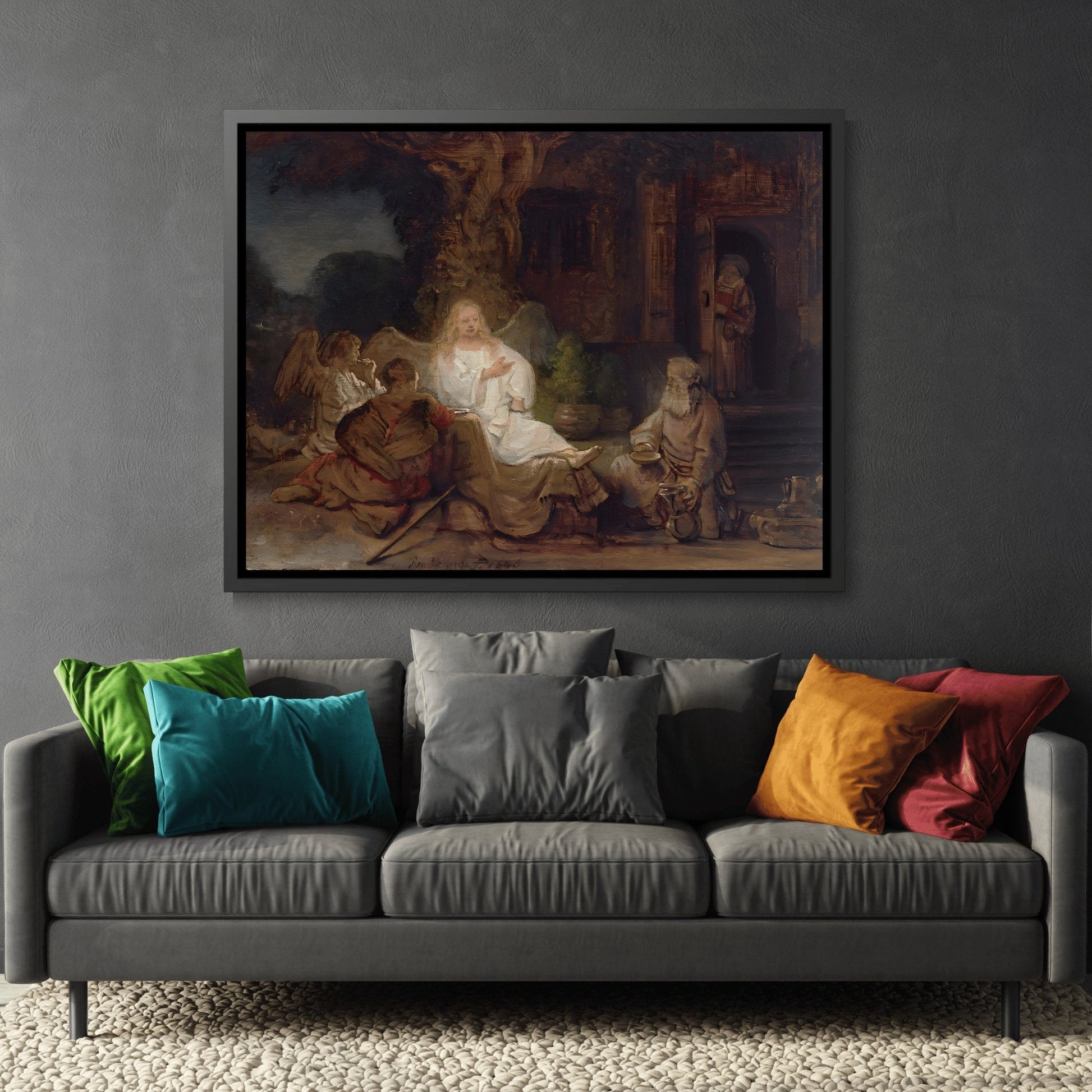 Rembrandt Abraham and the Angels - Framed Canvas Wall Art Print in Black Pinewood Frame