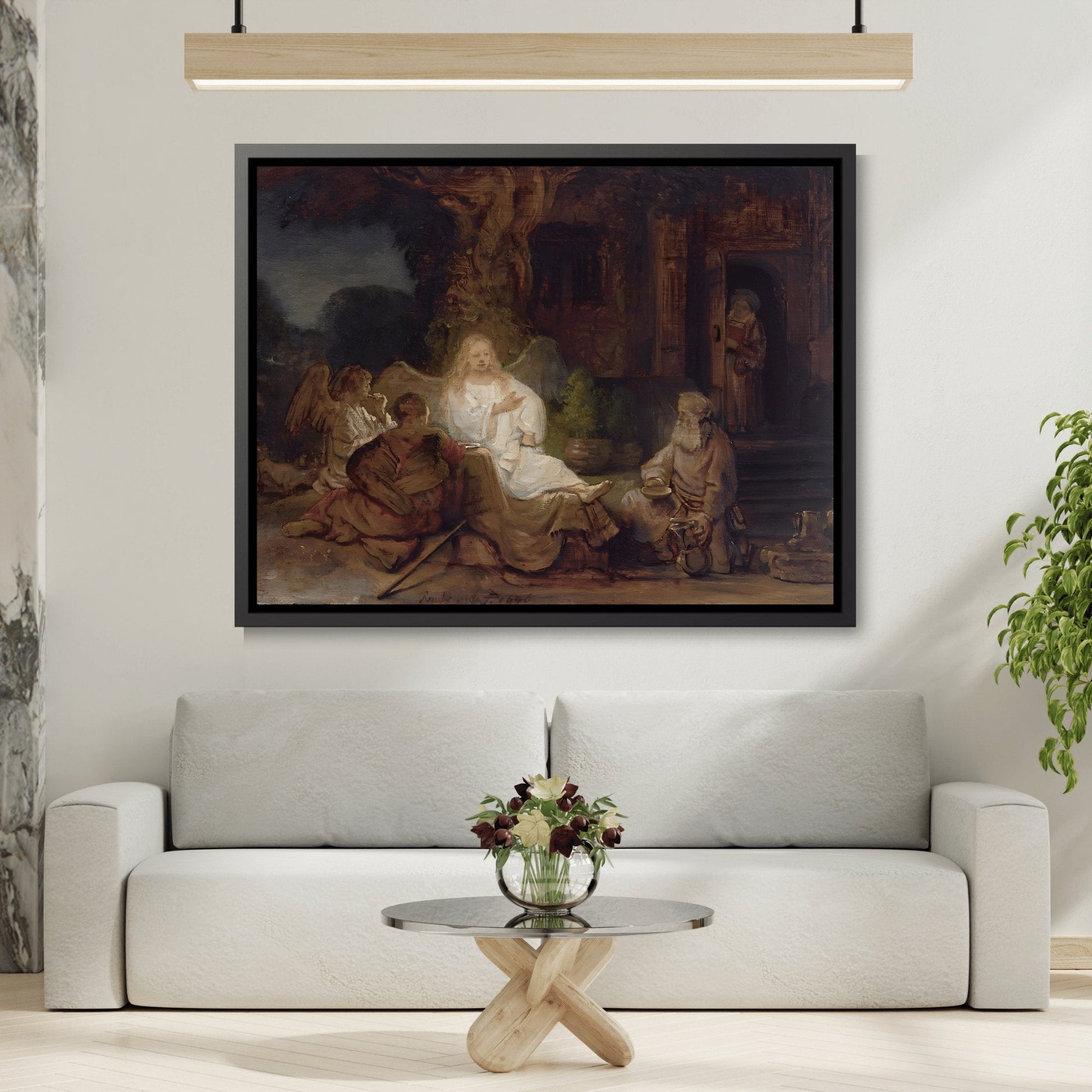 Rembrandt Abraham and the Angels - Framed Canvas Wall Art Print in Black Pinewood Frame