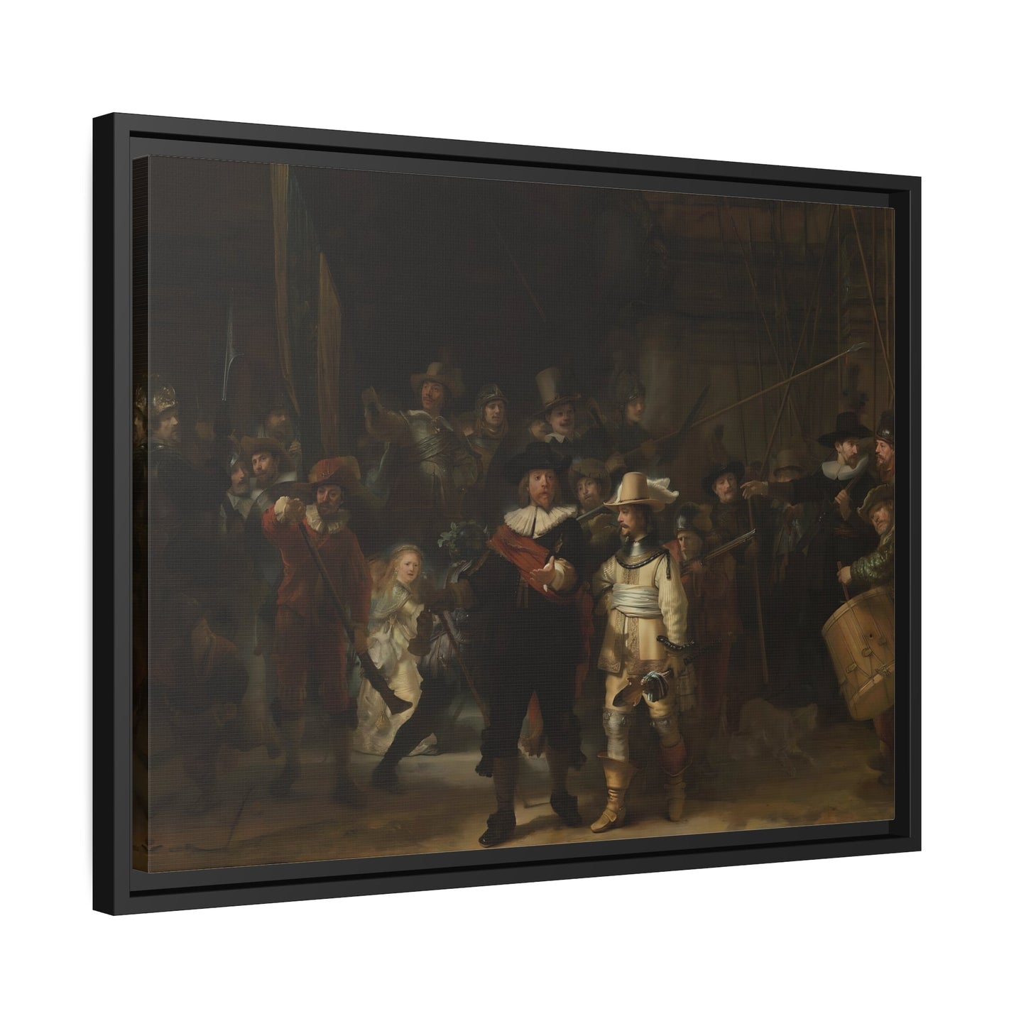 Rembrandt Night Watch - Framed Canvas Wall Art Print in Black Pinewood Frame