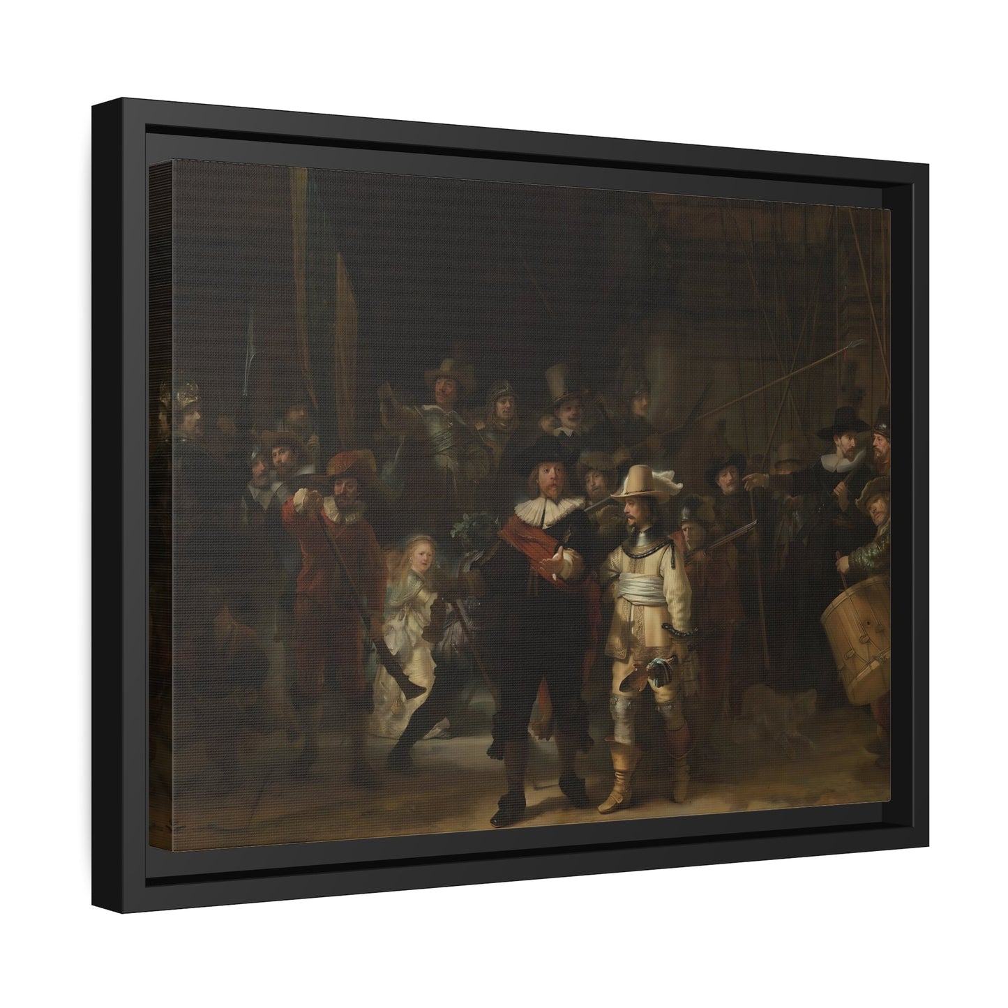 Rembrandt Night Watch - Framed Canvas Wall Art Print in Black Pinewood Frame