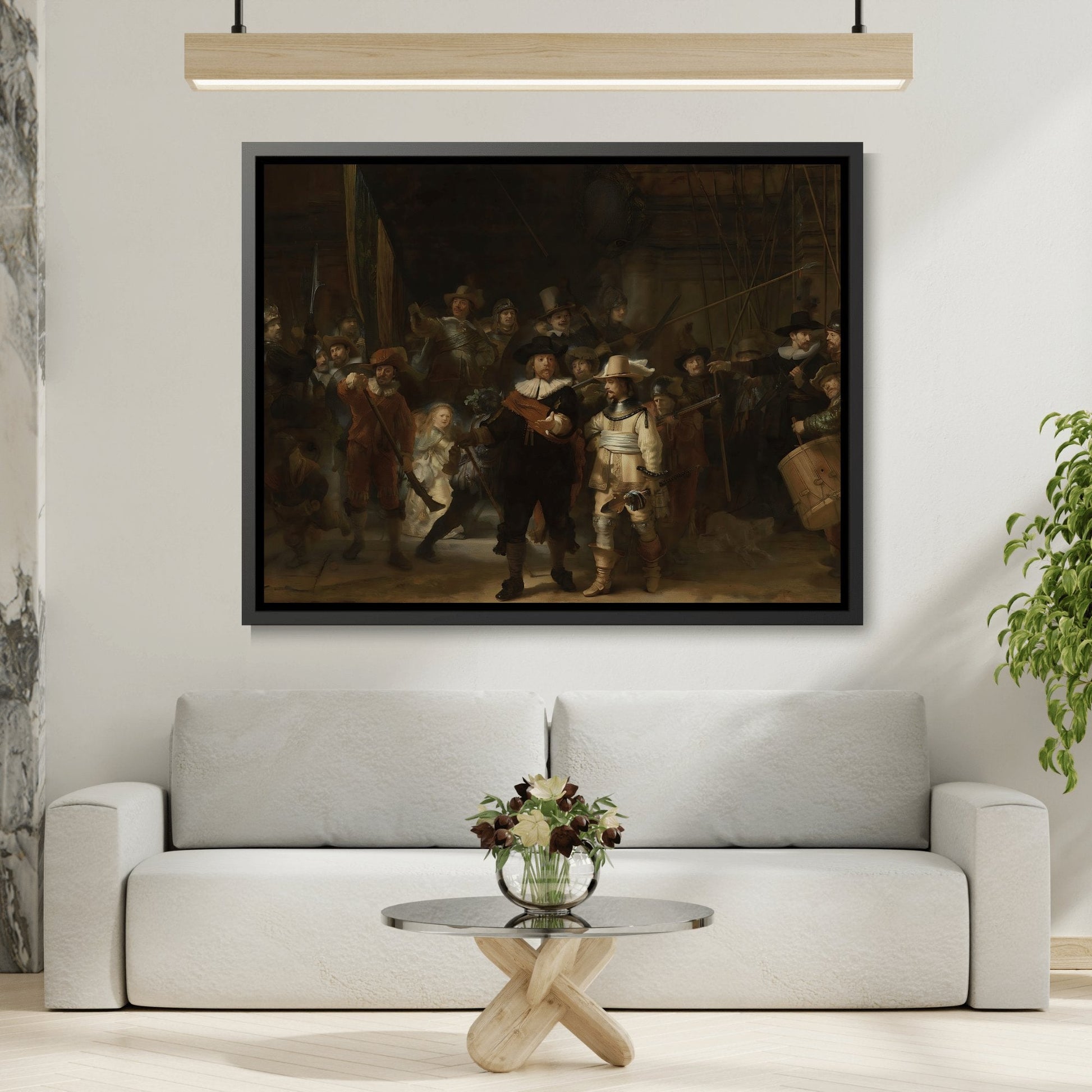 Rembrandt Night Watch - Framed Canvas Wall Art Print in Black Pinewood Frame