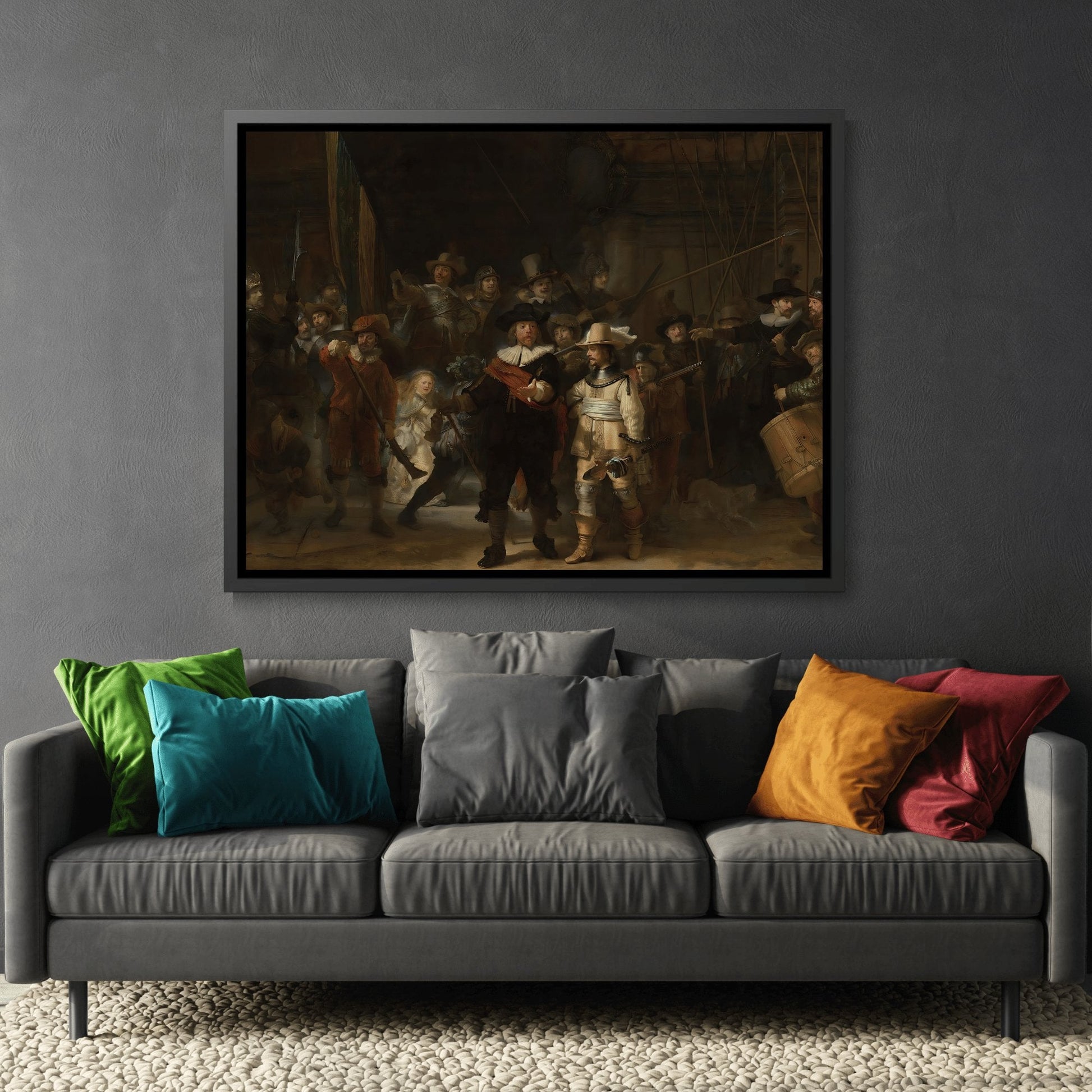 Rembrandt Night Watch - Framed Canvas Wall Art Print in Black Pinewood Frame