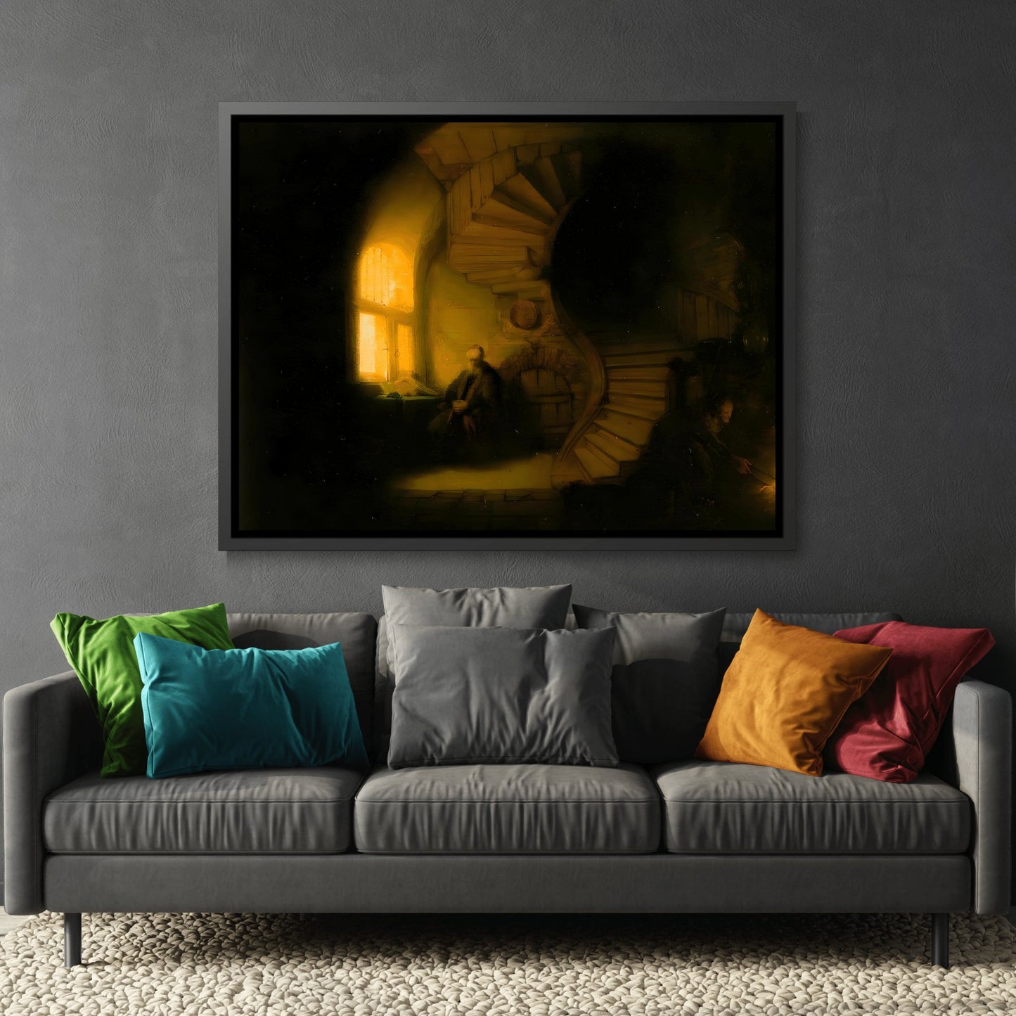 Rembrandt Philosopher in Meditation - Framed Canvas Wall Art Print in Black Pinewood Frame