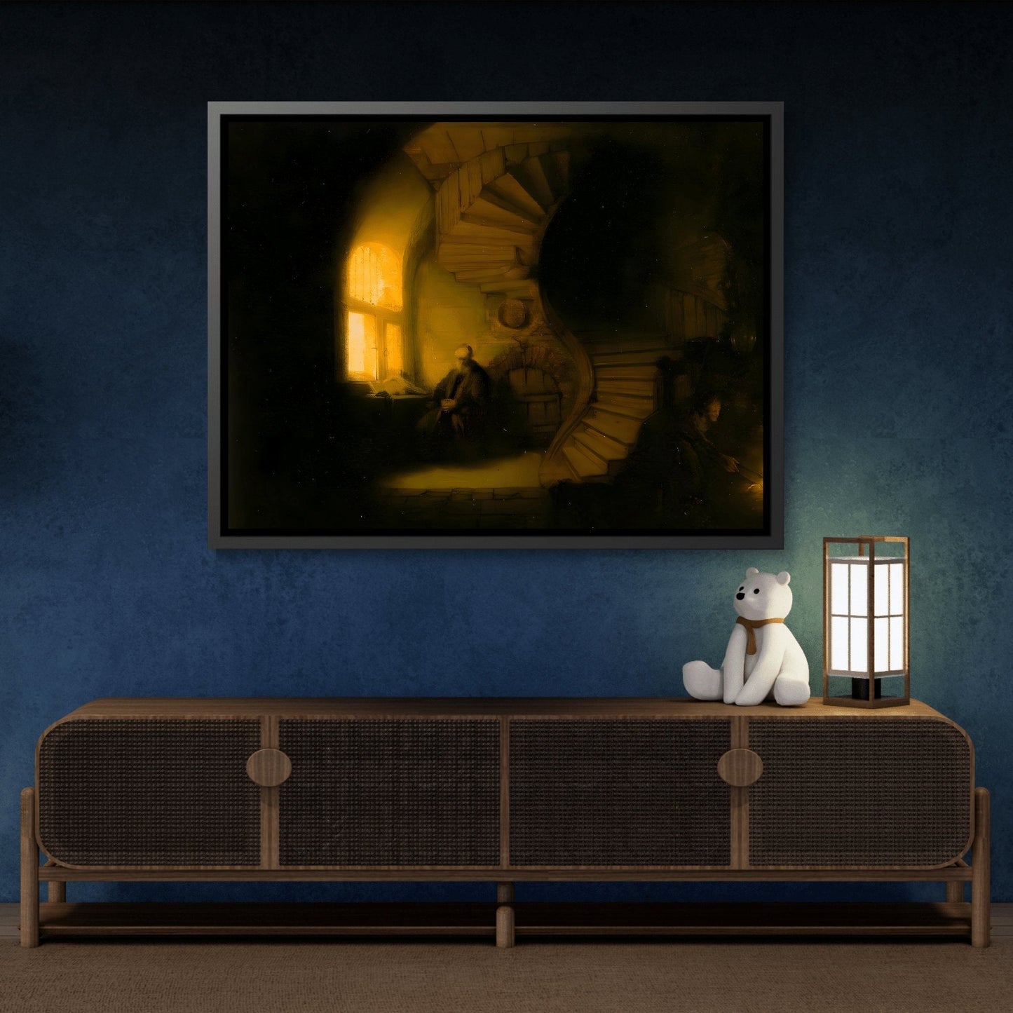 Rembrandt Philosopher in Meditation - Framed Canvas Wall Art Print in Black Pinewood Frame