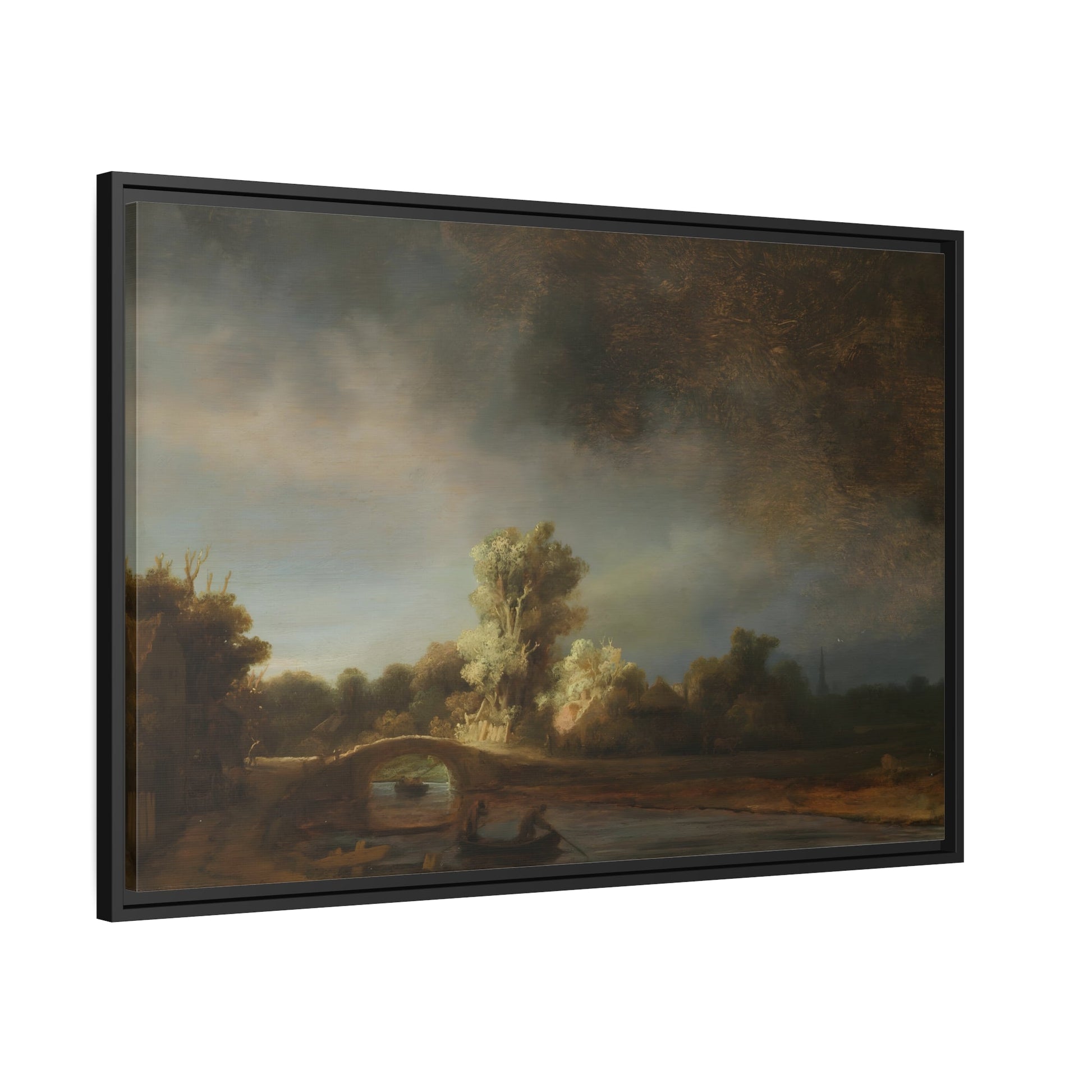 Rembrandt Stone Bridge Landscape - Framed Canvas Wall Art Print in Black Pinewood Frame