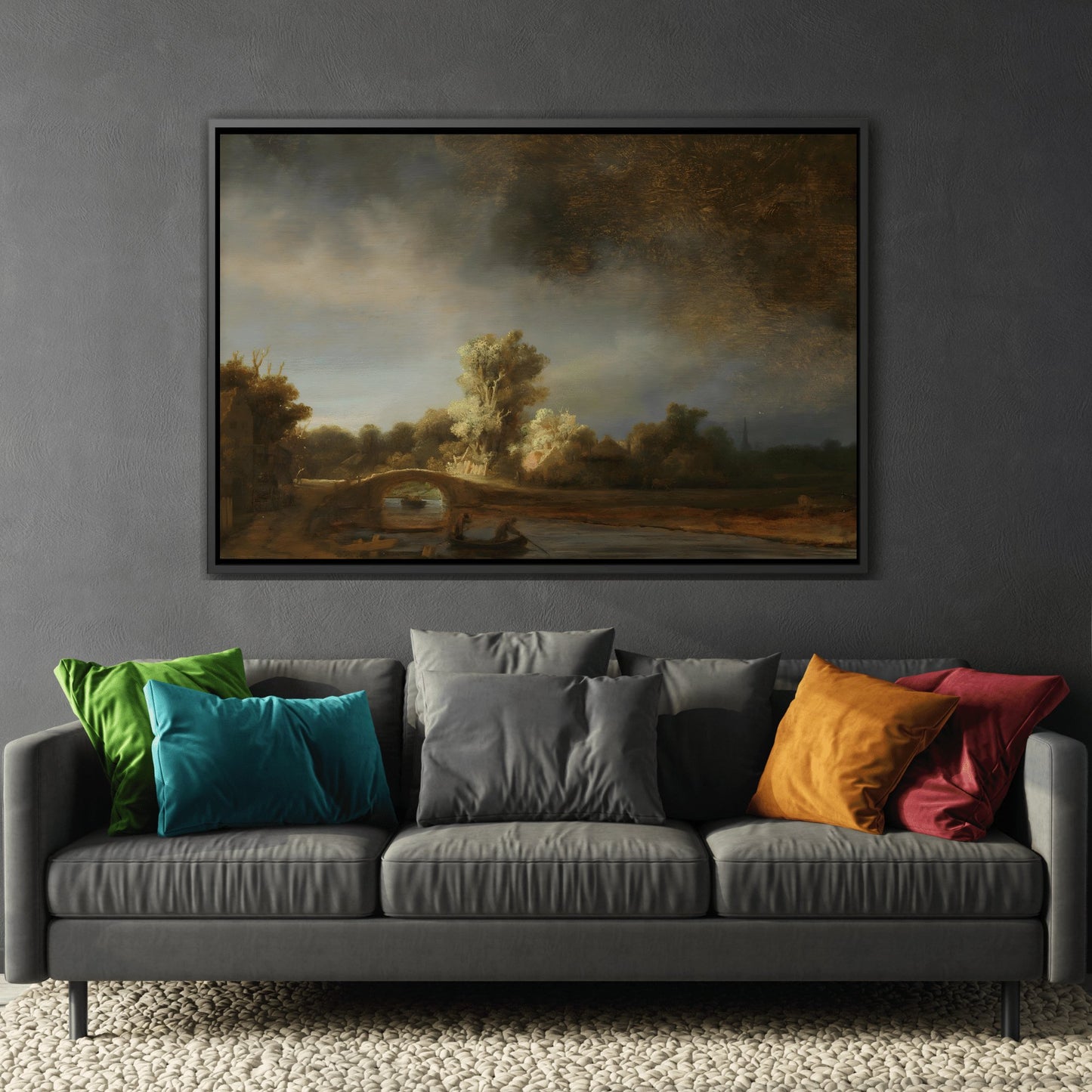 Rembrandt Stone Bridge Landscape - Framed Canvas Wall Art Print in Black Pinewood Frame