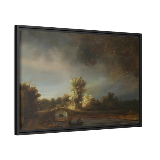 Rembrandt Stone Bridge Landscape - Framed Canvas Wall Art Print in Black Pinewood Frame