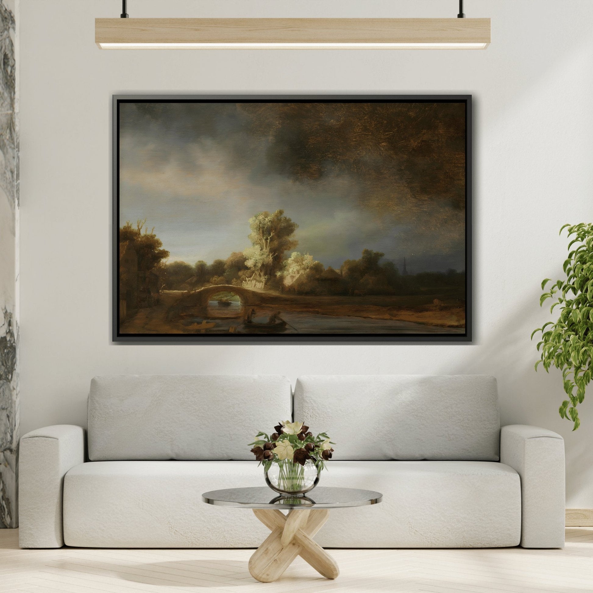 Rembrandt Stone Bridge Landscape - Framed Canvas Wall Art Print in Black Pinewood Frame