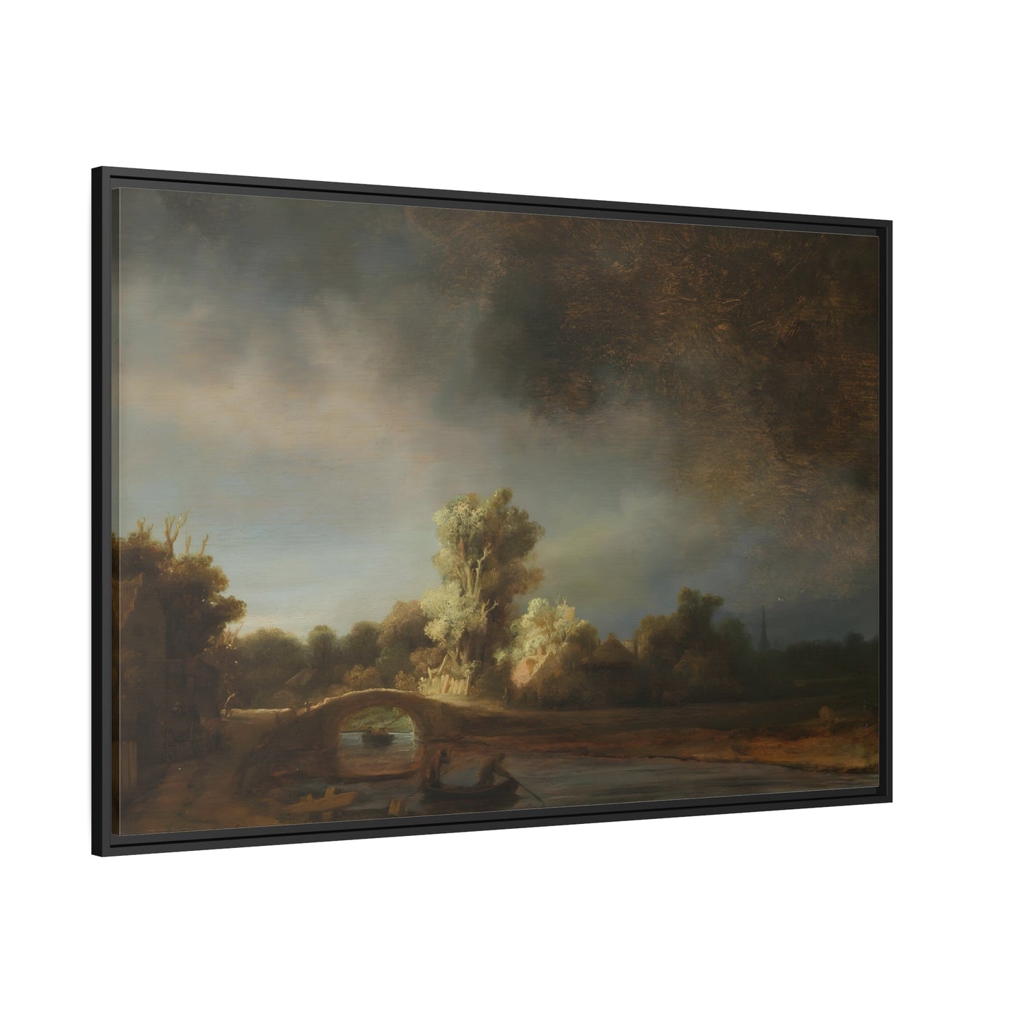 Rembrandt Stone Bridge Landscape - Framed Canvas Wall Art Print in Black Pinewood Frame