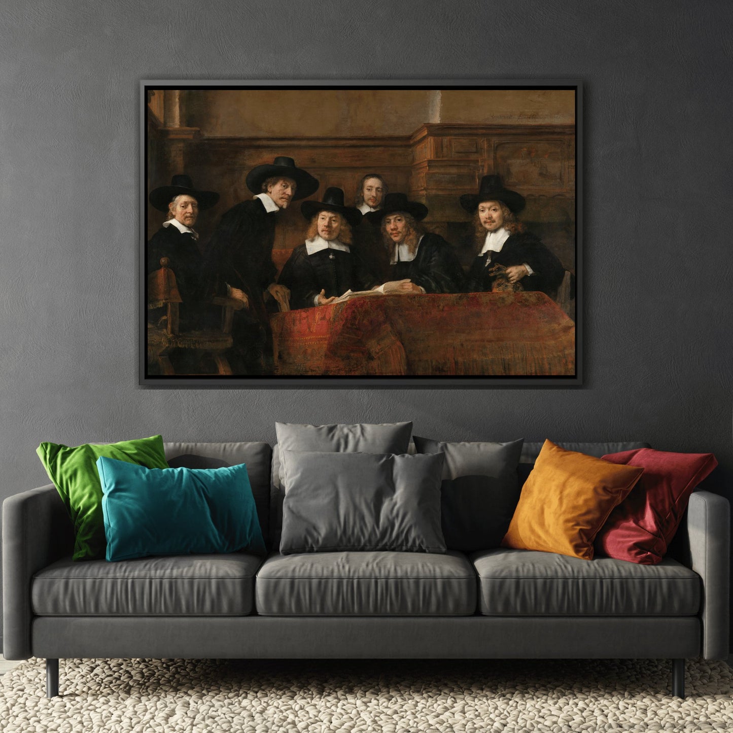 Rembrandt Syndics of the Drapers Guild - Framed Canvas Wall Art Print in Black Frame