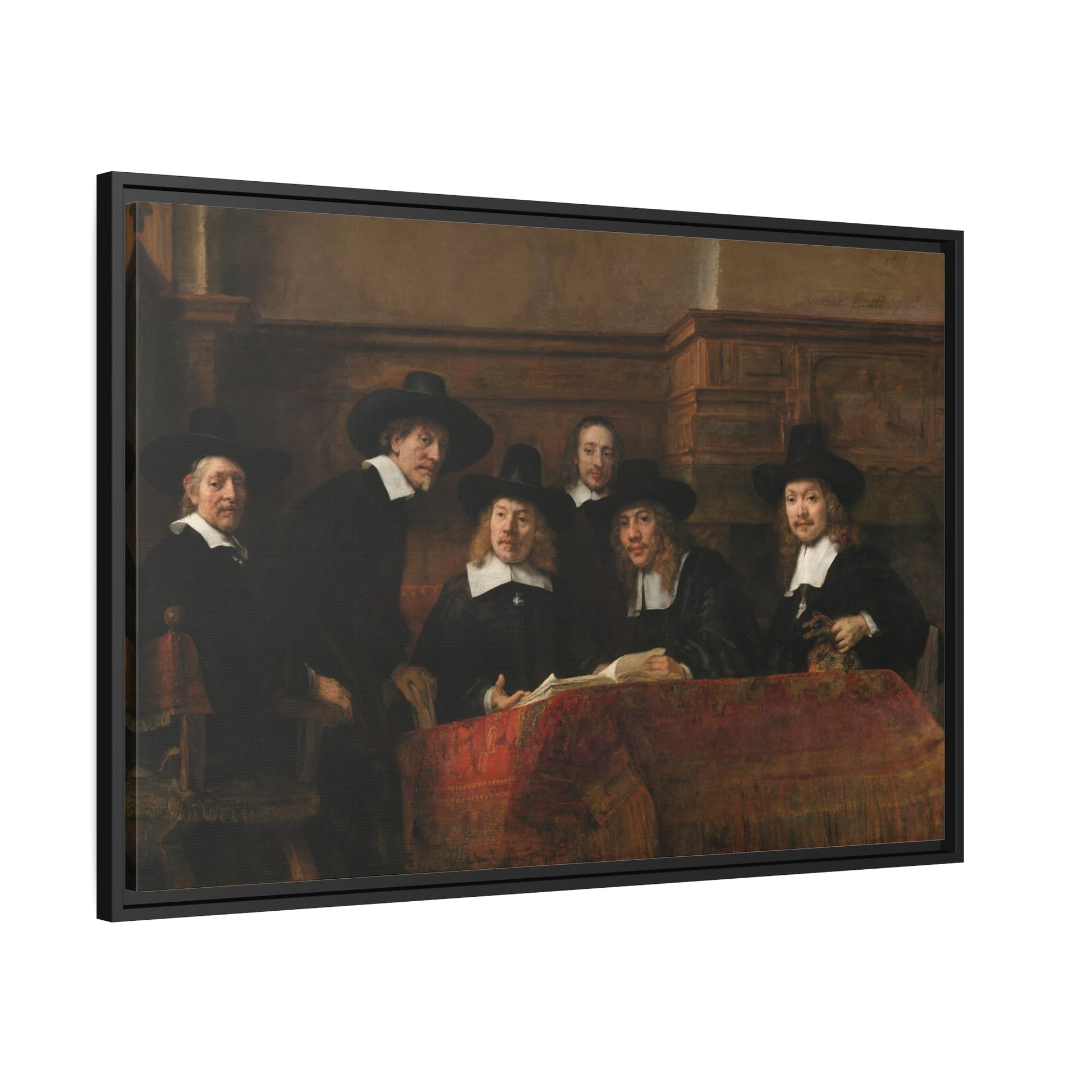 Rembrandt The Syndics Drapers Guild - Framed Canvas Wall Art Print in Black Frame