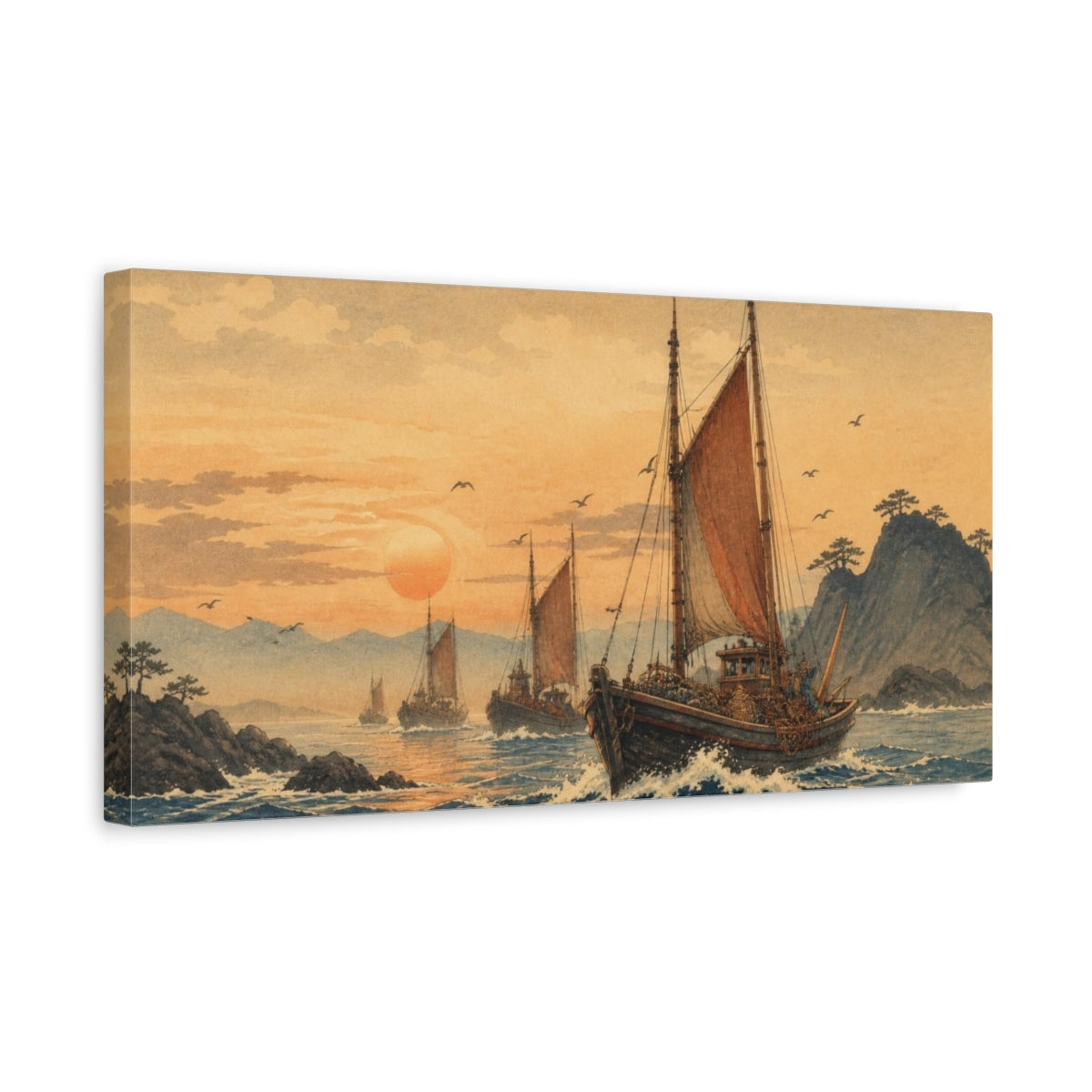 Side Mockup 3. Returning Fishing Fleet At Sunset shown as canvas print