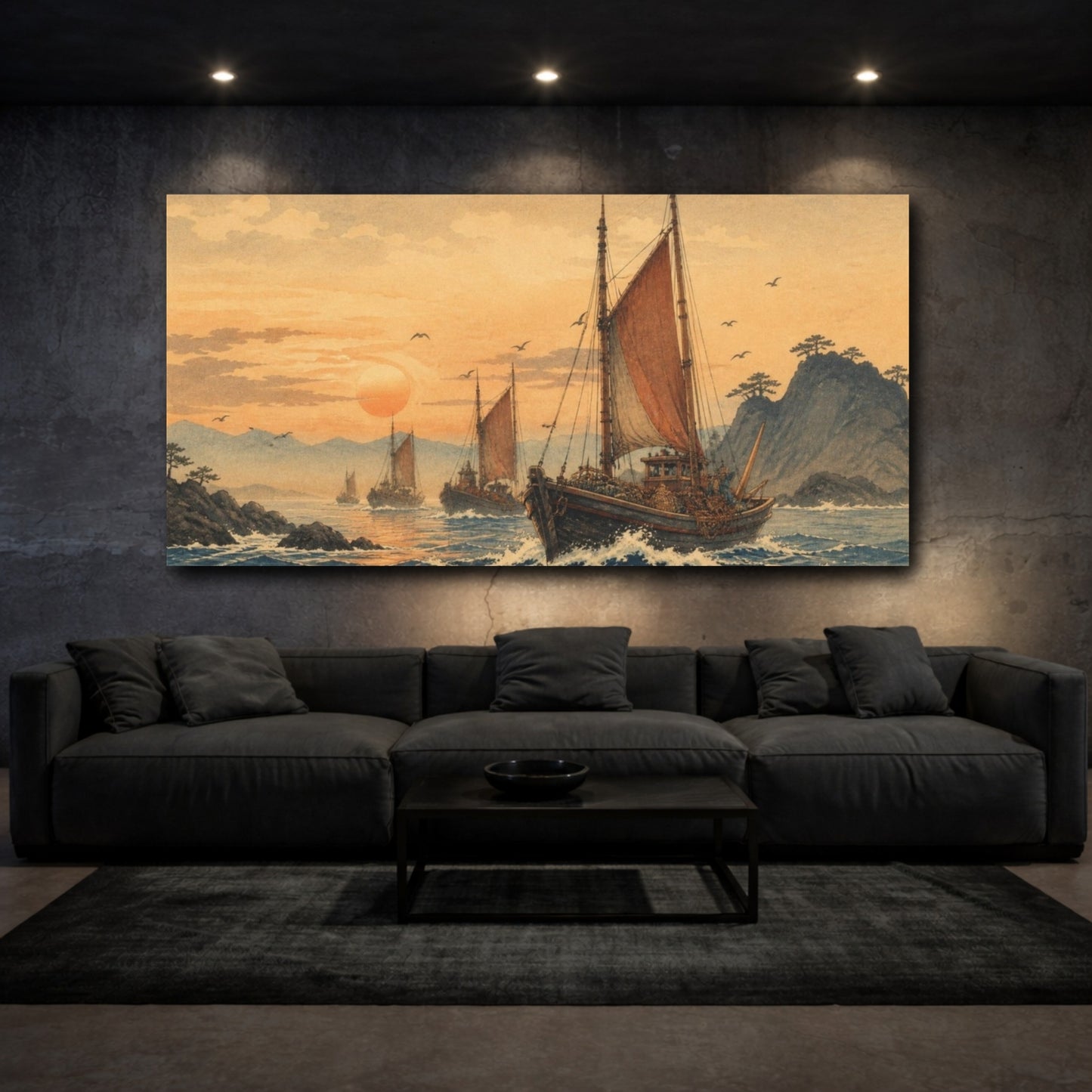 Mockup 3. Returning Fishing Fleet At Sunset shown as canvas print