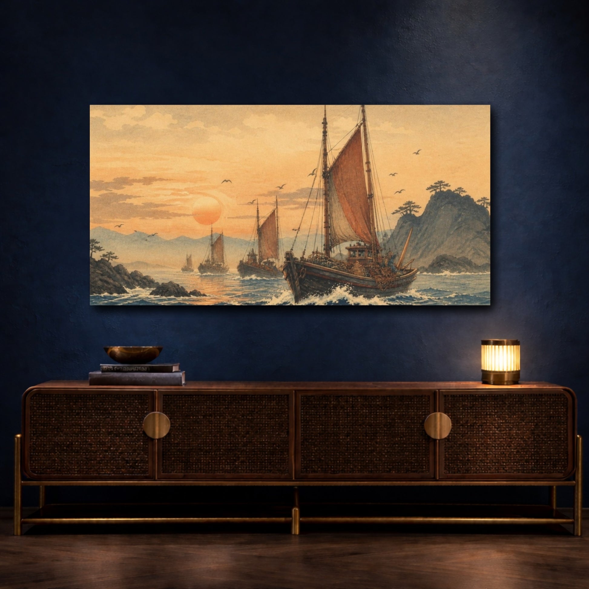 Mockup 4. Returning Fishing Fleet At Sunset shown as canvas print