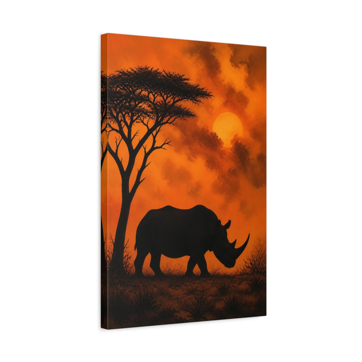 Side Mockup 3. Rhino Sunset Animals shown as canvas print