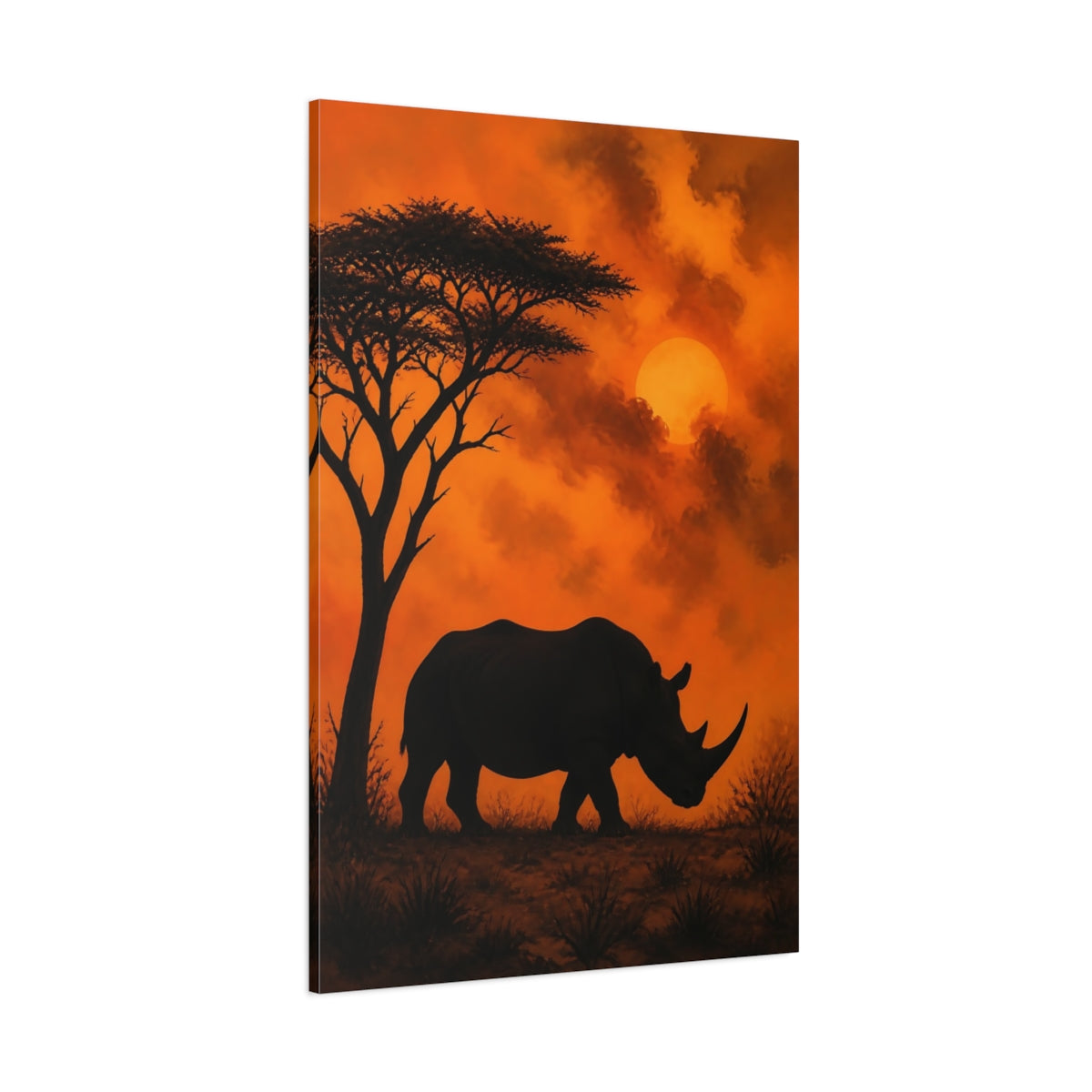Side Mockup 1. Rhino Sunset Animals shown as canvas print