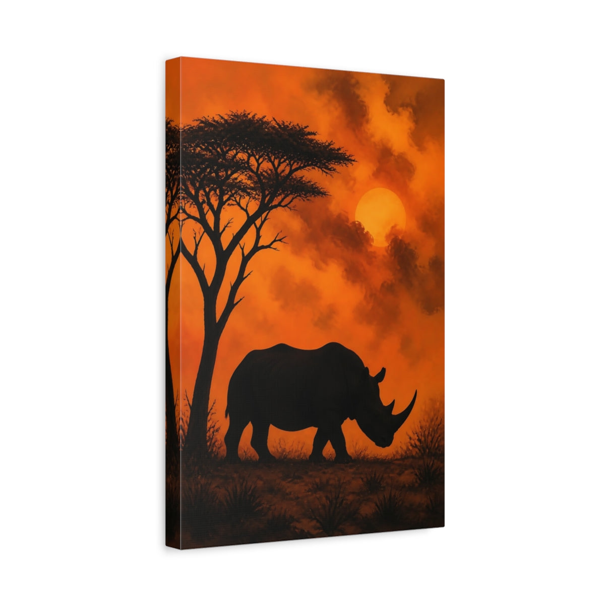 Side Mockup 4. Rhino Sunset Animals shown as canvas print
