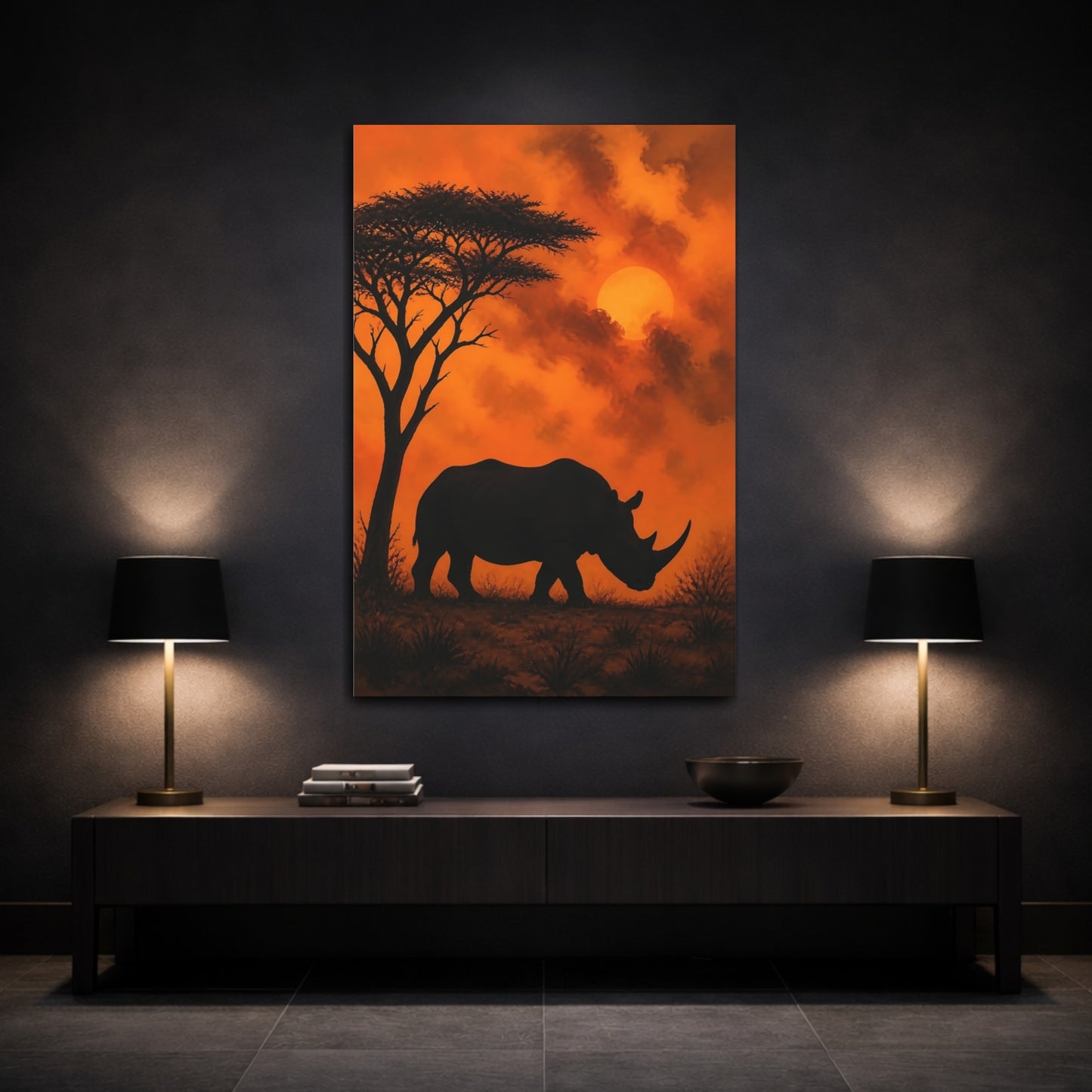 Mockup 3. Rhino Sunset Animals shown as canvas print